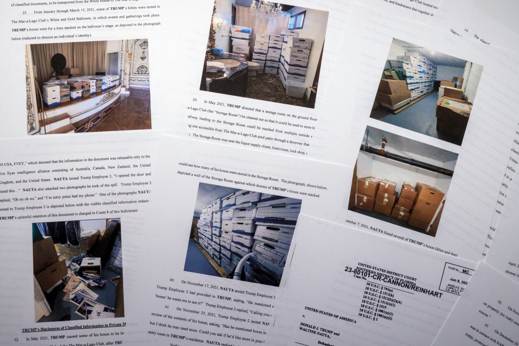 <p>The indictment against former President Donald Trump includes multiple photos of sensitive documents that were allegedly <span>improperly stored in his Florida estate.</span></p>