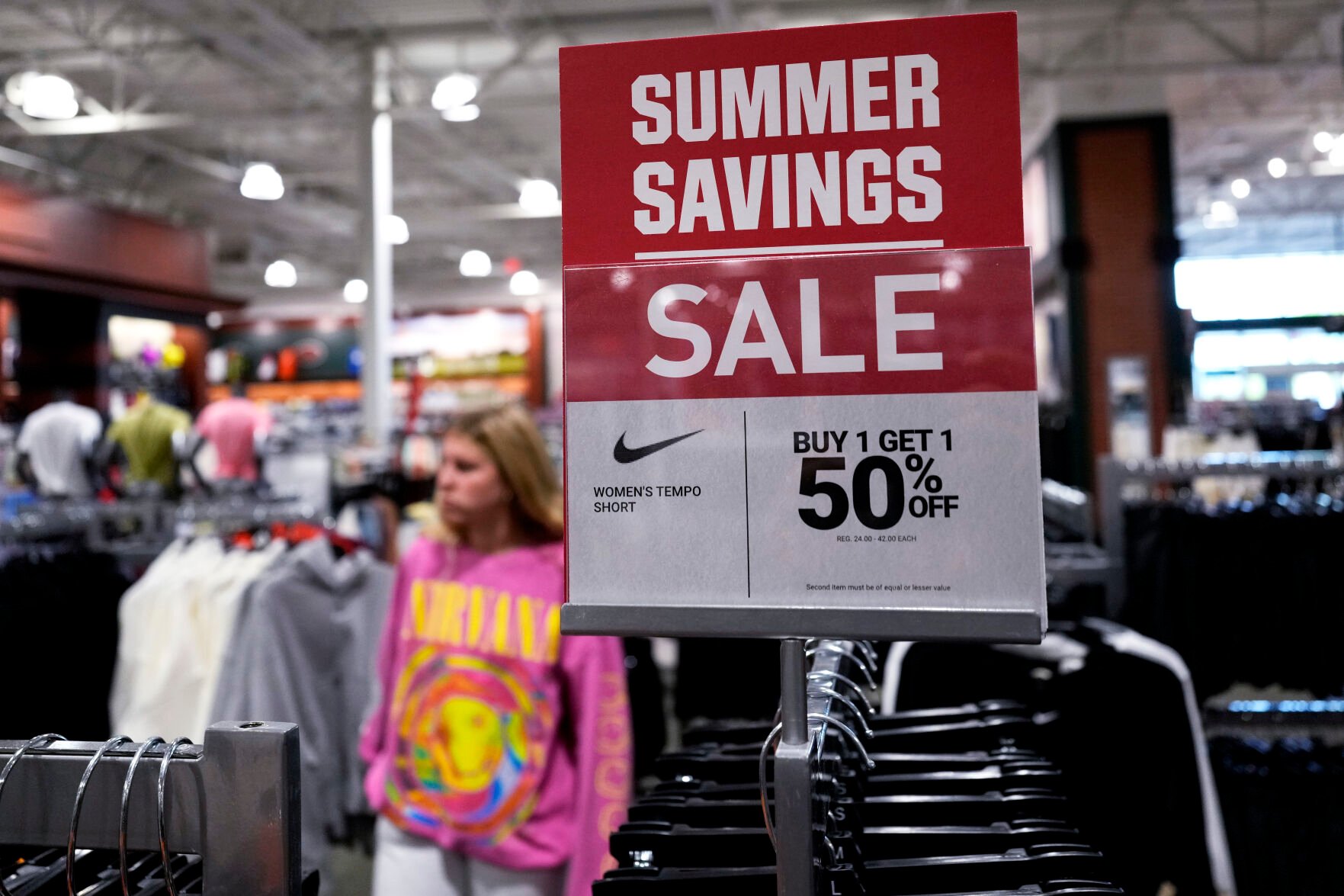 <p>A sale sign is displayed for clothes at a retail store in Vernon Hills, Ill., Monday, June 12, 2023. On Tuesday, the Labor Department reports on U.S. consumer prices for May. (AP Photo/Nam Y. Huh)</p>