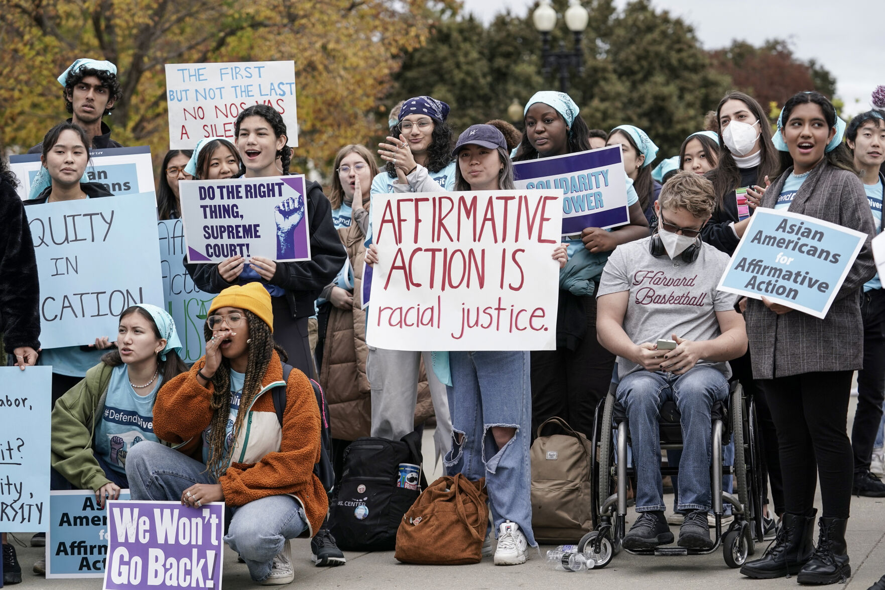 <p>Activists demonstrate as the Supreme Court hears oral arguments on a pair of cases that could decide the future of affirmative action in college admissions, in Washington, Oct. 31, 2022. </p>