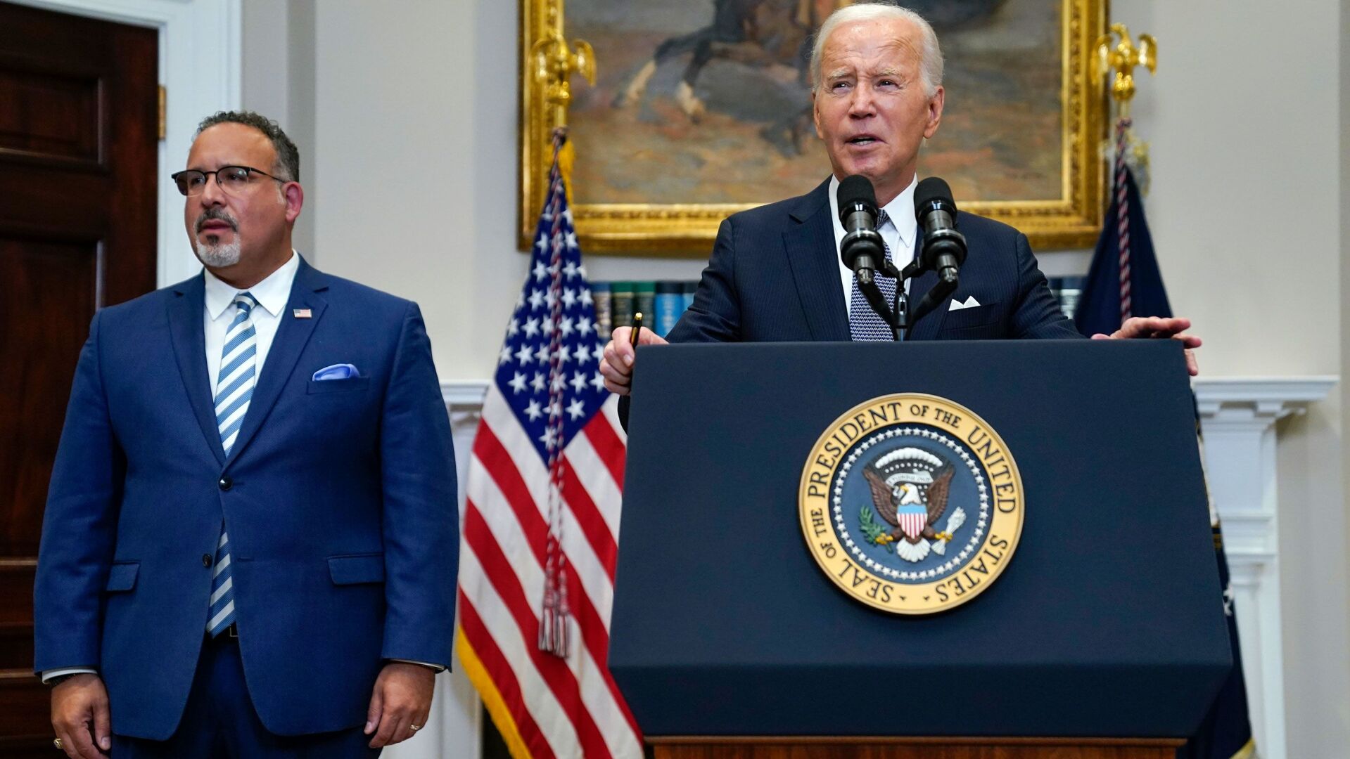 <p>President Joe Biden speaks in the Roosevelt Room of the White House on June 30. The Biden administration announced on July 14 that 804,000 borrowers will have their student debt wiped away,</p>