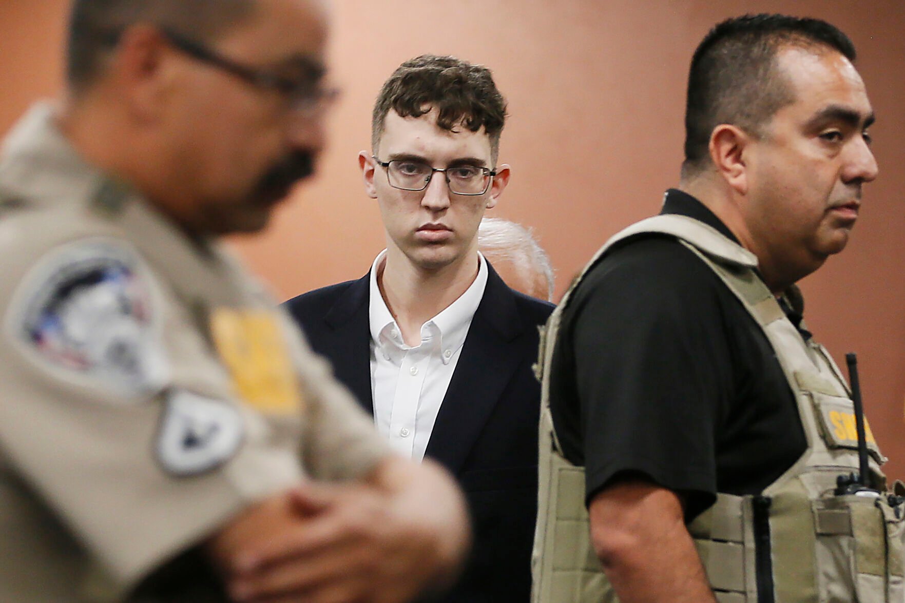 <p>FILE - El Paso Walmart shooting suspect Patrick Crusius pleads not guilty during his arraignment in El Paso, Texas, Oct. 10, 2019. Patrick Crusius, the Texas gunman who killed 23 people in the racist attack is returning to federal court for sentencing on Wednesday, July 5, 2023. Crusius is facing multiple life sentences after pleading guilty to one of the deadliest mass shootings in U.S. history. (Briana Sanchez/The El Paso Times via AP, Pool, File)</p>