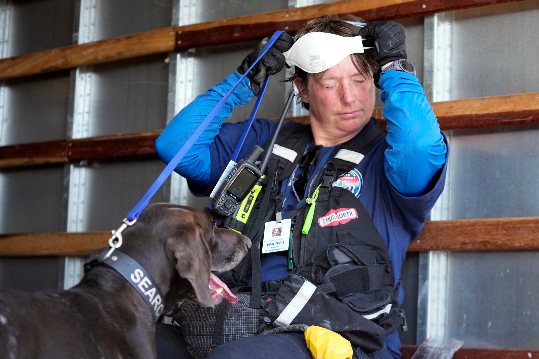 <p>A member of a search-and-rescue team and her cadaver dog cool off Saturday near Front Street in Lahaina.</p>