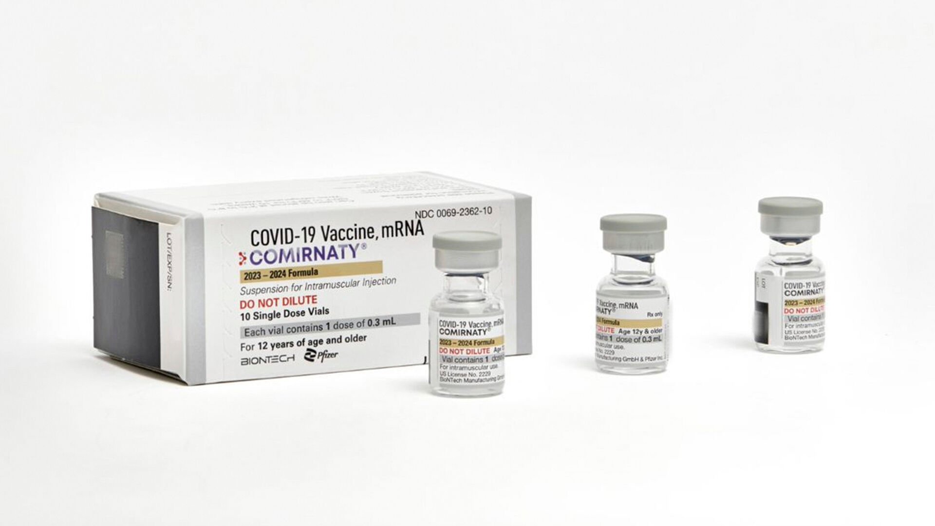 <p>This photo provided by Pfizer in September 2023 shows single-dose vials of the company's updated COVID vaccine for adults. </p>