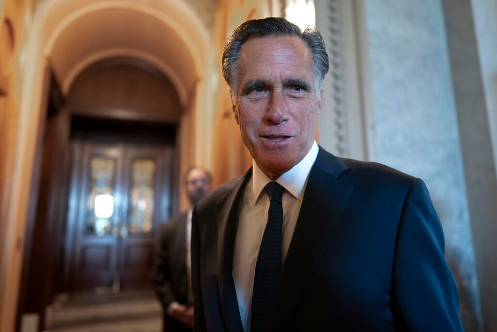 <p>Sen. Mitt Romney, R-Utah, and other senators arrive at the chamber for votes, at the Capitol in Washington, Wednesday, Sept. 6, 2023. </p>