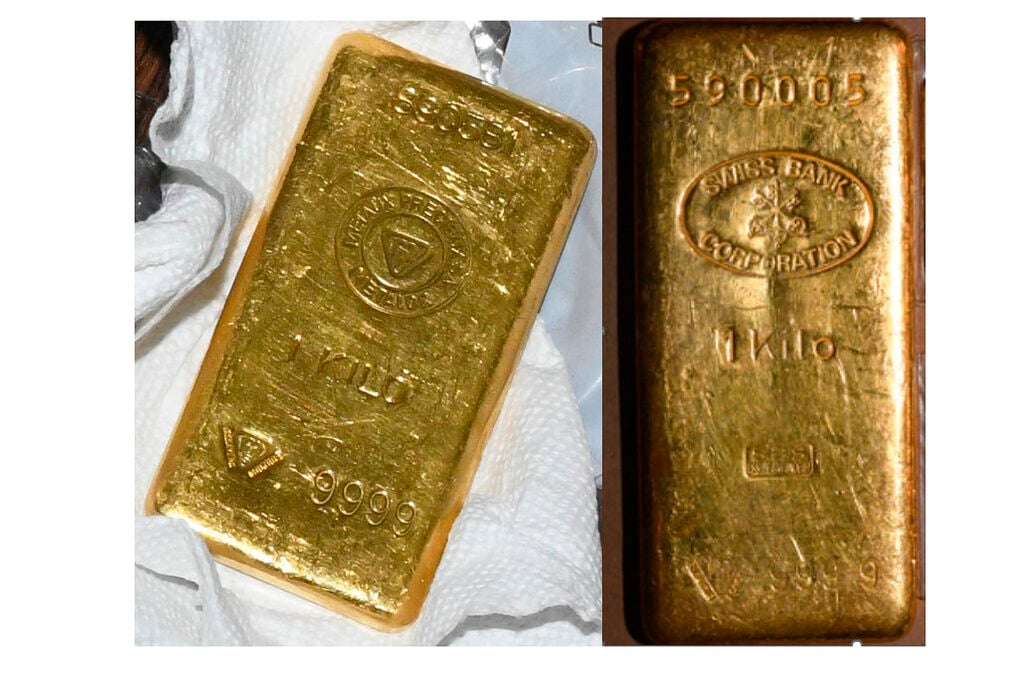 <p>This image provided by the U.S. Attorney's office, Friday, Sept. 22, 2023, in New York, shows two of the gold bars found during a search by federal agents of Sen. Bob Menendez's home and safe deposit box. </p>