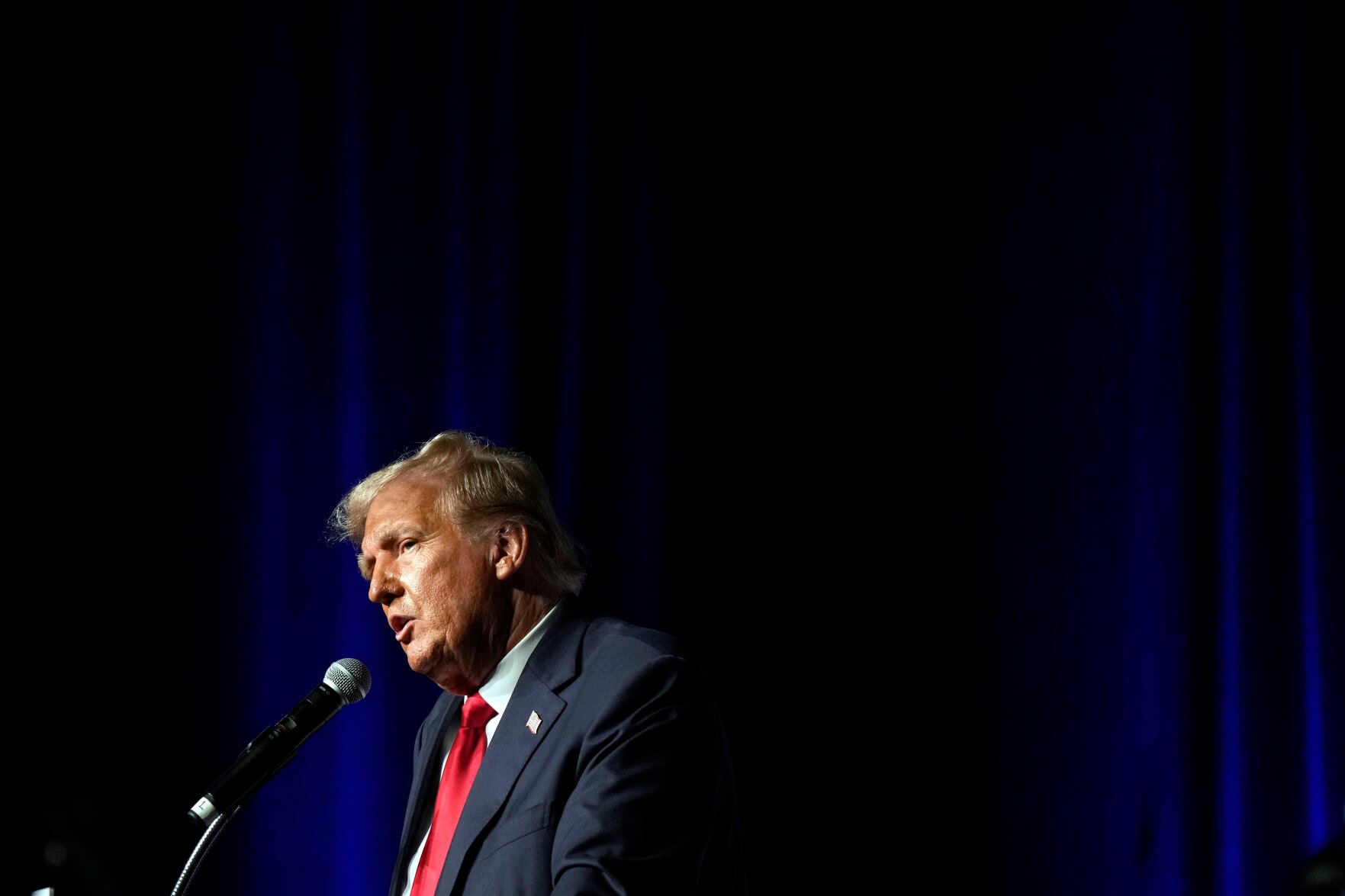 <p>FILE - Republican presidential candidate former President Donald Trump speaks Wednesday, Oct. 11, 2023, at Palm Beach County Convention Center in West Palm Beach, Fla. </p>