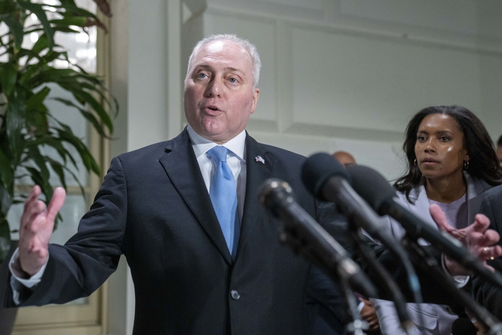<p>House Majority Leader Steve Scalise of La., speaks Thursday after leaving a House Republican caucus meeting on Capitol Hill.</p>