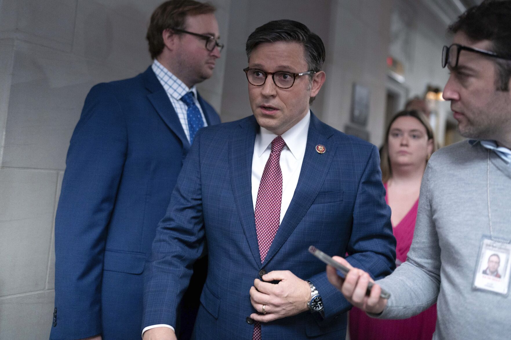 <p>Rep. Mike Johnson, R-La., vice chair of the House GOP Conference, talks to reporters Tuesday as he arrives to the Republican caucus meeting at the Capitol in Washington.</p>