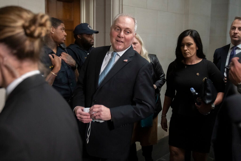 <p>House Majority Leader Steve Scalise of La., speaks to reporters as he arrives for a meeting of House Republicans to vote on candidates for Speaker of the House on Capitol Hill, Wednesday, Oct. 11, 2023 in Washington. Stalemated over a new House speaker, the Republican majority is scheduled to convene behind closed doors to try to vote on a nominee. But lawmakers say Wednesday's private ballots to replace ousted Speaker Kevin McCarthy could take a while. (AP Photo/Mark Schiefelbein)</p>