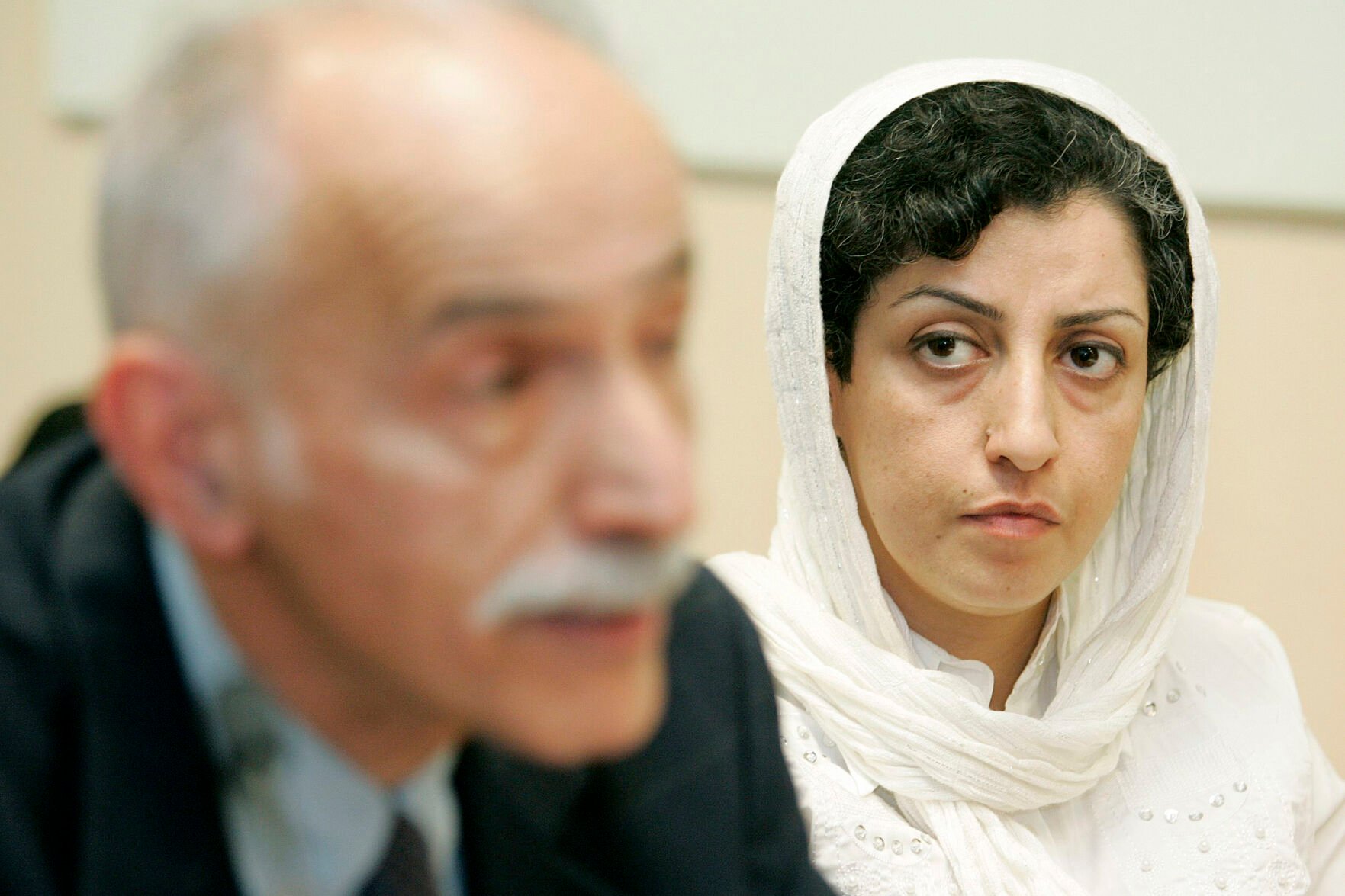 <p>FILE - Iranian Narges Mohammadi, right, from the center for Human Rights Defenders, listens to Karim Lahidji, president of the Iranian league for the Defence of Human Rights, during a press conference on the Assessment of the Human Rights Situation in Iran, at the UN headquarters in Geneva, Switzerland, on June 9, 2008. </p>