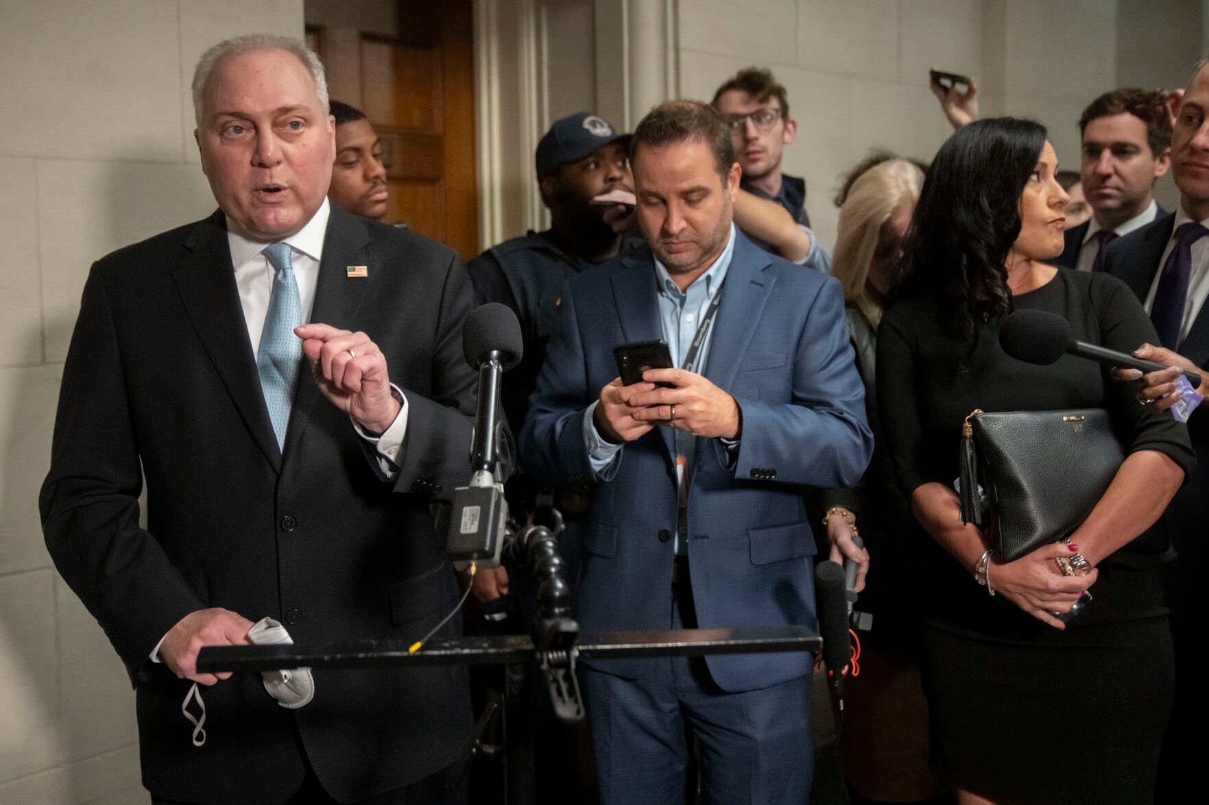 <p>House Majority Leader Steve Scalise of La., speaks to reporters as he arrives for a meeting of House Republicans to vote on candidates for Speaker of the House on Capitol Hill, Wednesday, Oct. 11, 2023 in Washington. </p>