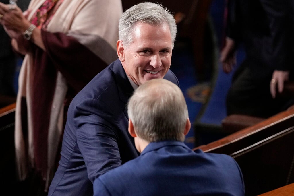 <p>Former Speaker of the House Rep. Kevin McCarthy, R-Calif., shakes hands with Rep. Jim Jordan, R-Ohio, as Republicans try to elect Jordan, a top Donald Trump ally, to be the new House speaker, at the Capitol in Washington, Friday, Oct. 20, 2023. </p>