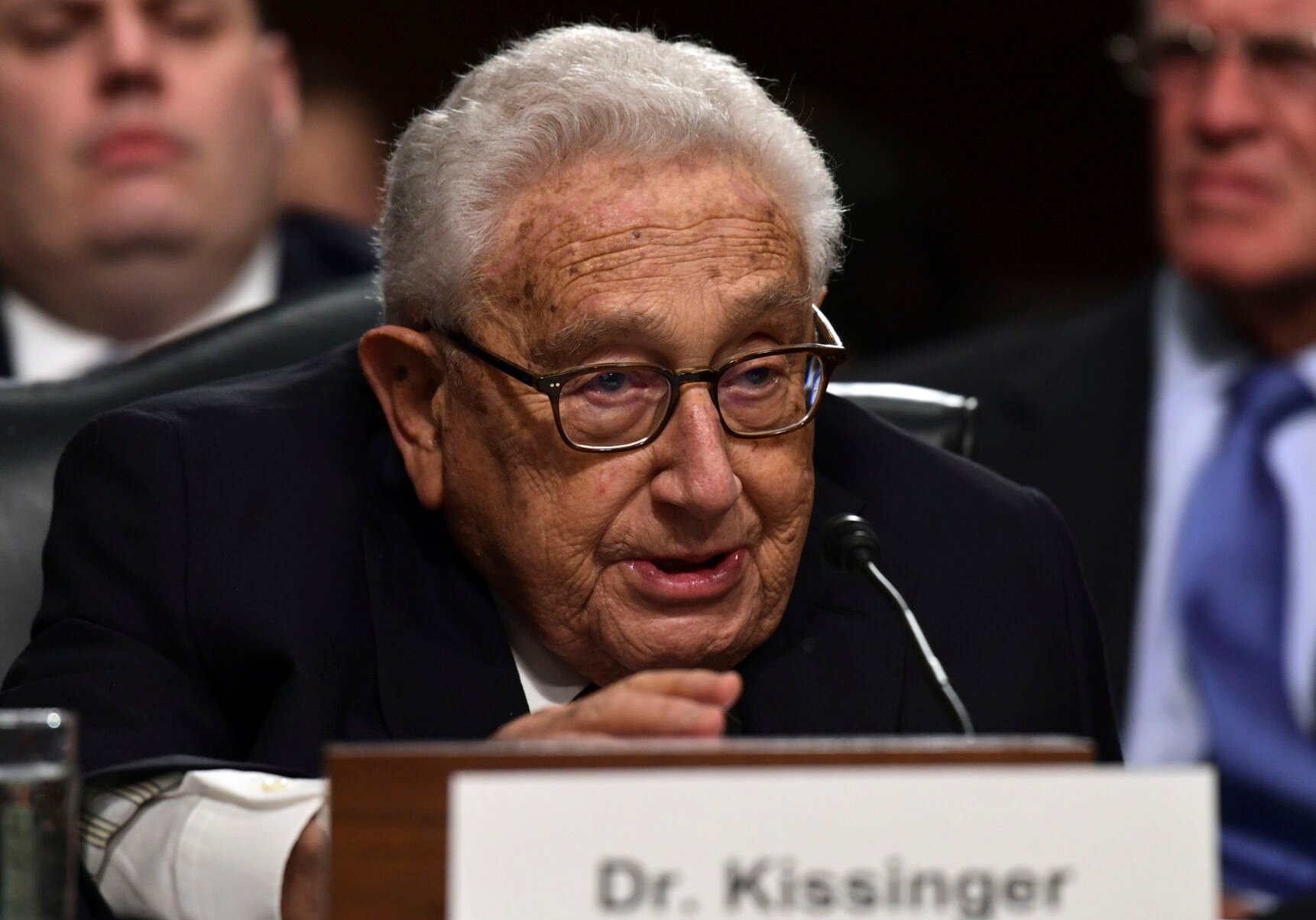 <p>Former Secretary of State Henry Kissinger speaks Jan. 25, 2018, during the Senate Armed Services Committee hearing on Capitol Hill.</p>