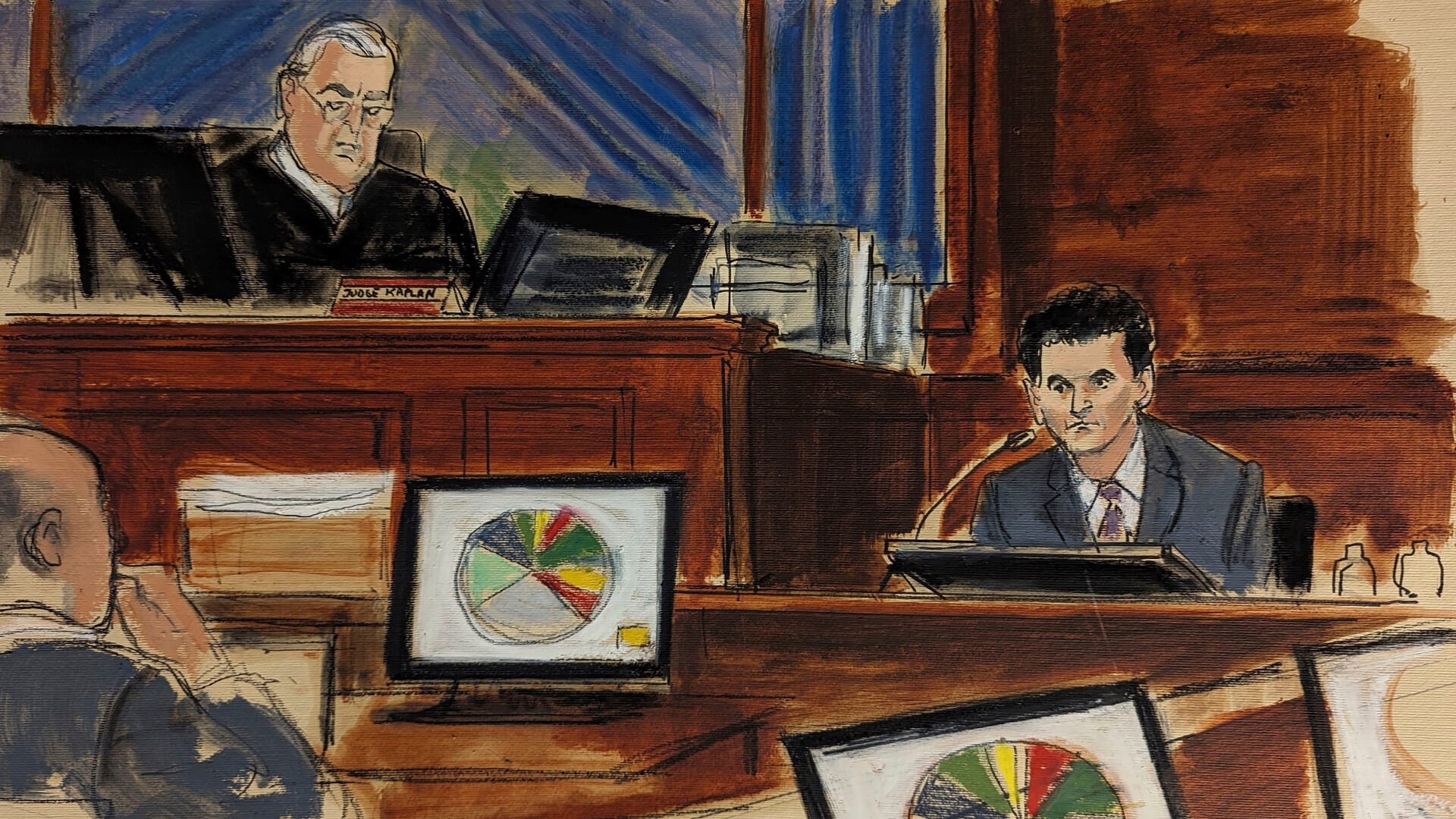 <p>In this courtroom sketch, FTX founder Sam Bankman-Fried, right, testifies as Judge Lewis Kaplan, upper left, presides during Bankman-Fried's trial in Manhattan federal court Tuesday in New York. </p>