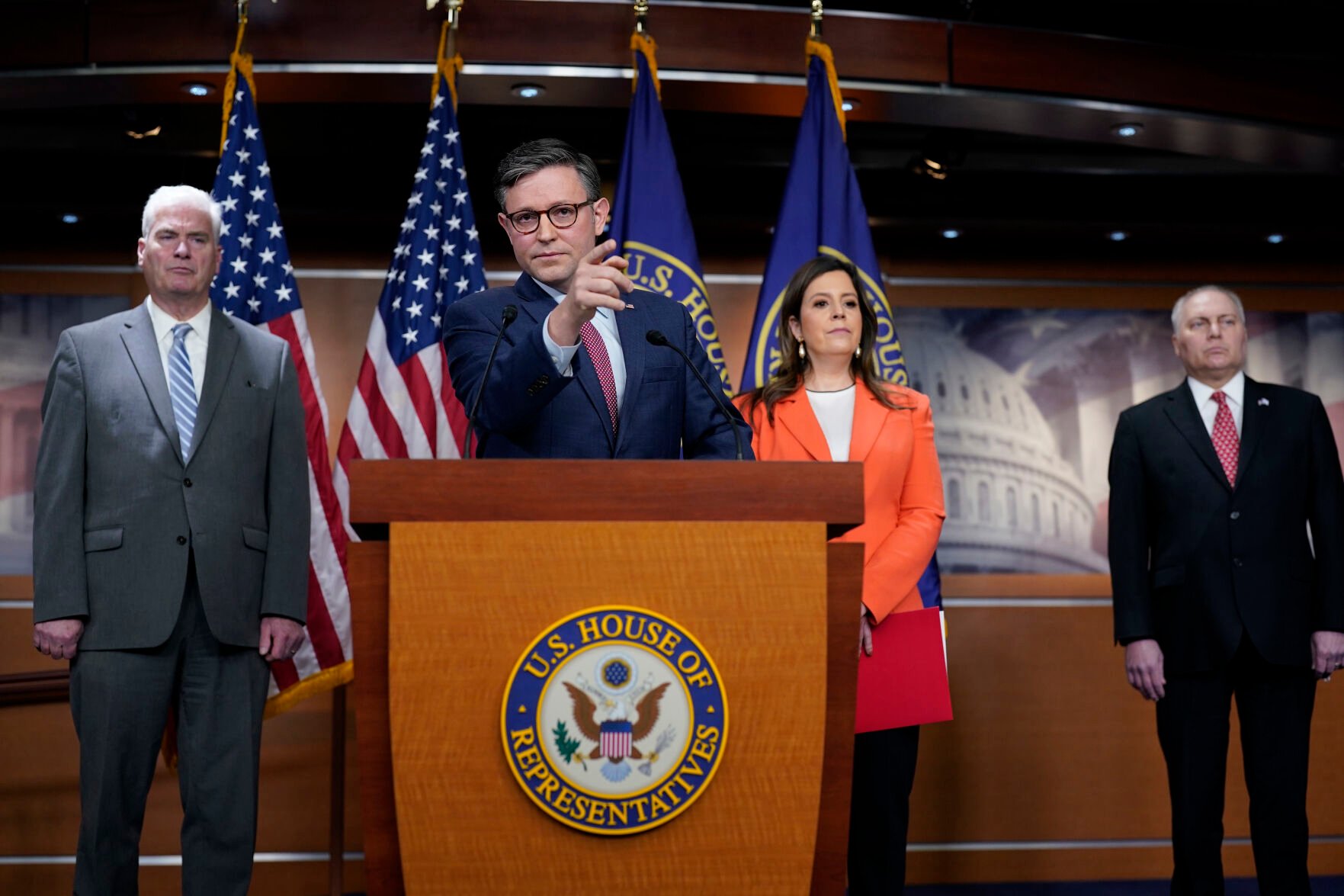 <p>Speaker of the House Mike Johnson, R-La., center, joined by, from left, Majority Whip Tom Emmer, R-Minn., Republican Conference Chair Elise Stefanik, R-N.Y., and House Majority Leader Steve Scalise, R-La., talks with reporters Thursday of the debate and vote on supplemental aid to Israel.</p>