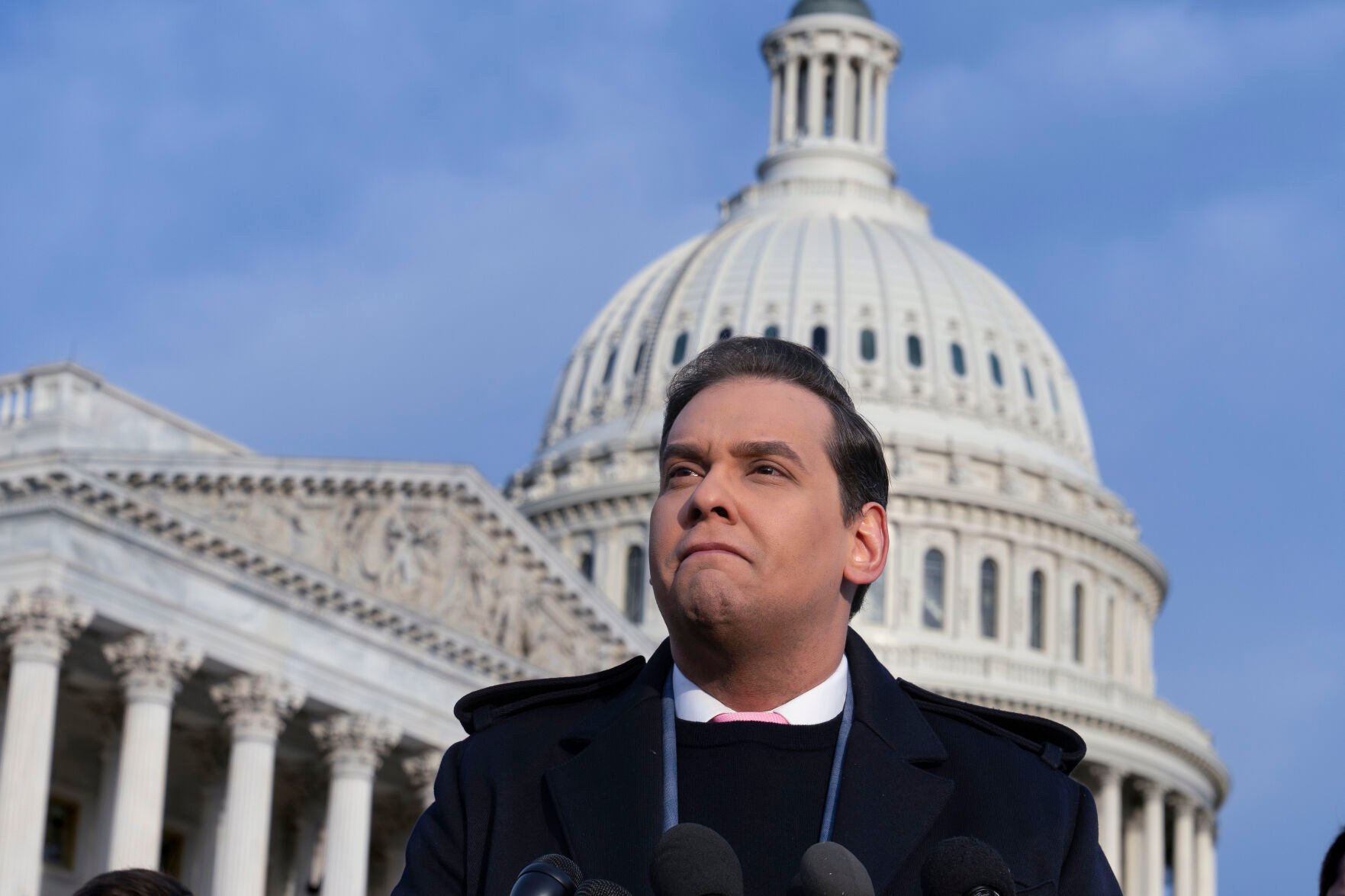 <p>Rep. George Santos, R-N.Y., faces reporters at the Capitol in Washington, early Thursday, Nov. 30, 2023. After a scathing report by the House Ethics Committee citing egregious violations, Santos could be expelled from Congress this week.</p>