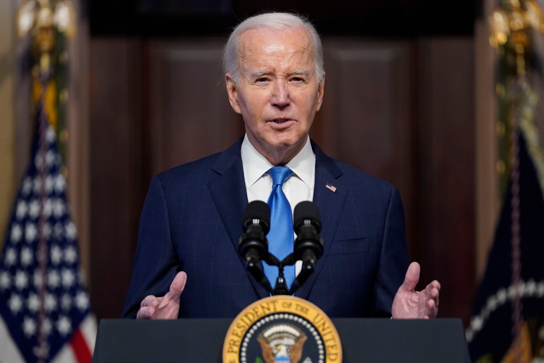 <p>President Joe Biden speaks Wednesday during a meeting of the National Infrastructure Advisory Council in the Indian Treaty Room on the White House campus in Washington.  </p>