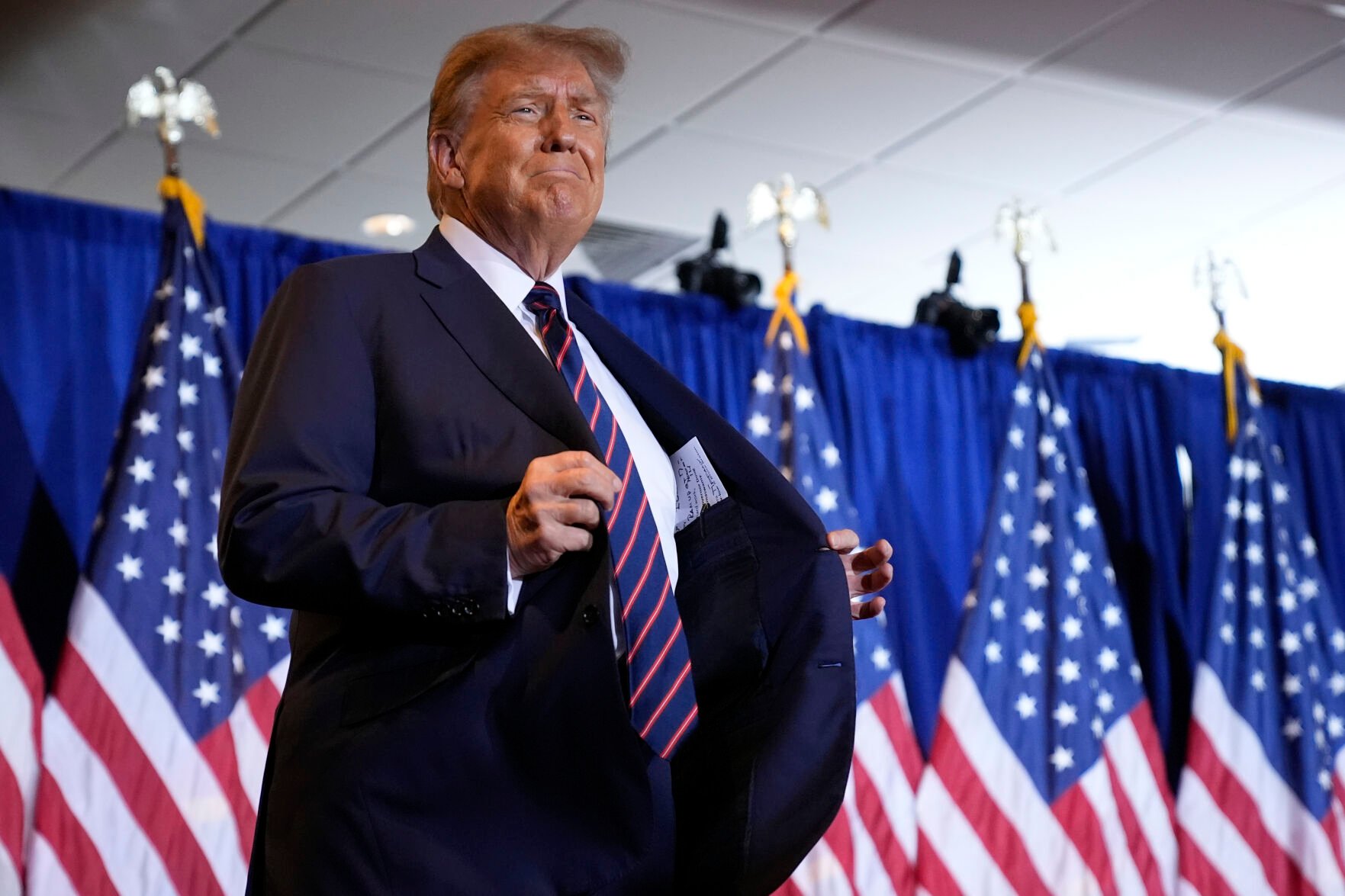 <p>Republican presidential candidate Donald Trump arrives Tuesday for a primary election night party in Nashua, N.H., where he <span>gave a far angrier speech than after his Iowa victory.</span></p>