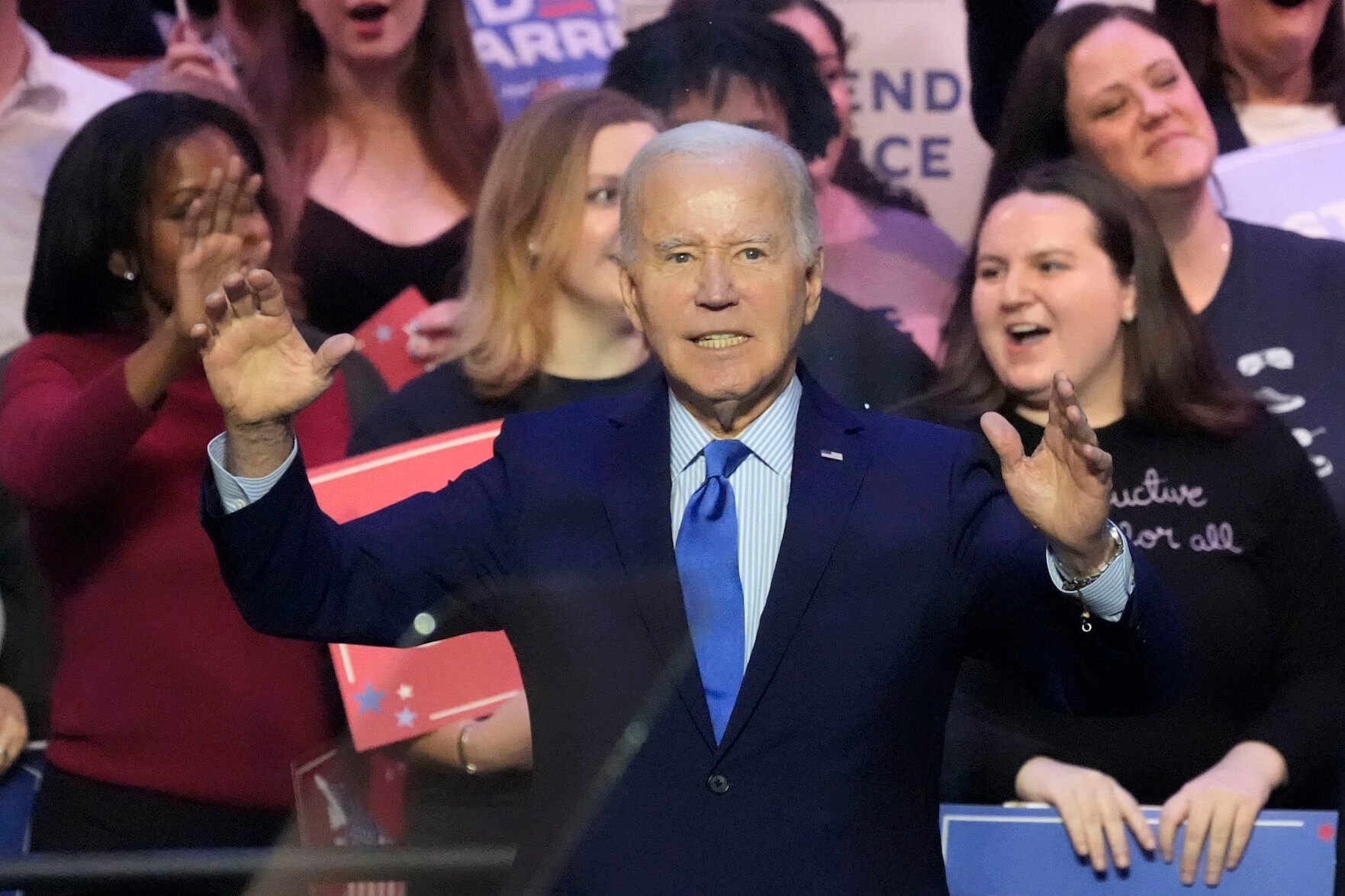 <p>President Joe Biden gestures Tuesday after speaking at an event on the campus of George Mason University in Manassas, Va., to campaign for abortion rights, a top issue for Democrats in the upcoming presidential election. </p>