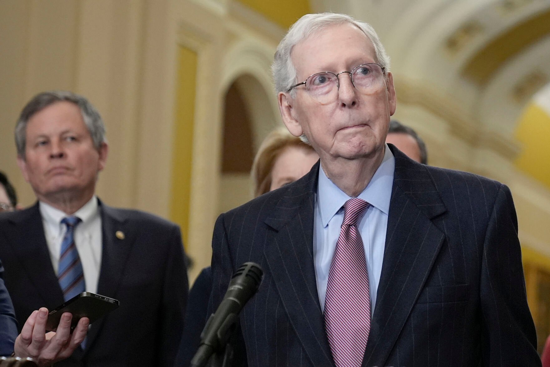<p>Senate Minority Leader Mitch McConnell, R-Ky., right, talks after a policy luncheon on Capitol Hill Tuesday, Feb. 27, 2024, in Washington. (AP Photo/Mariam Zuhaib)</p>