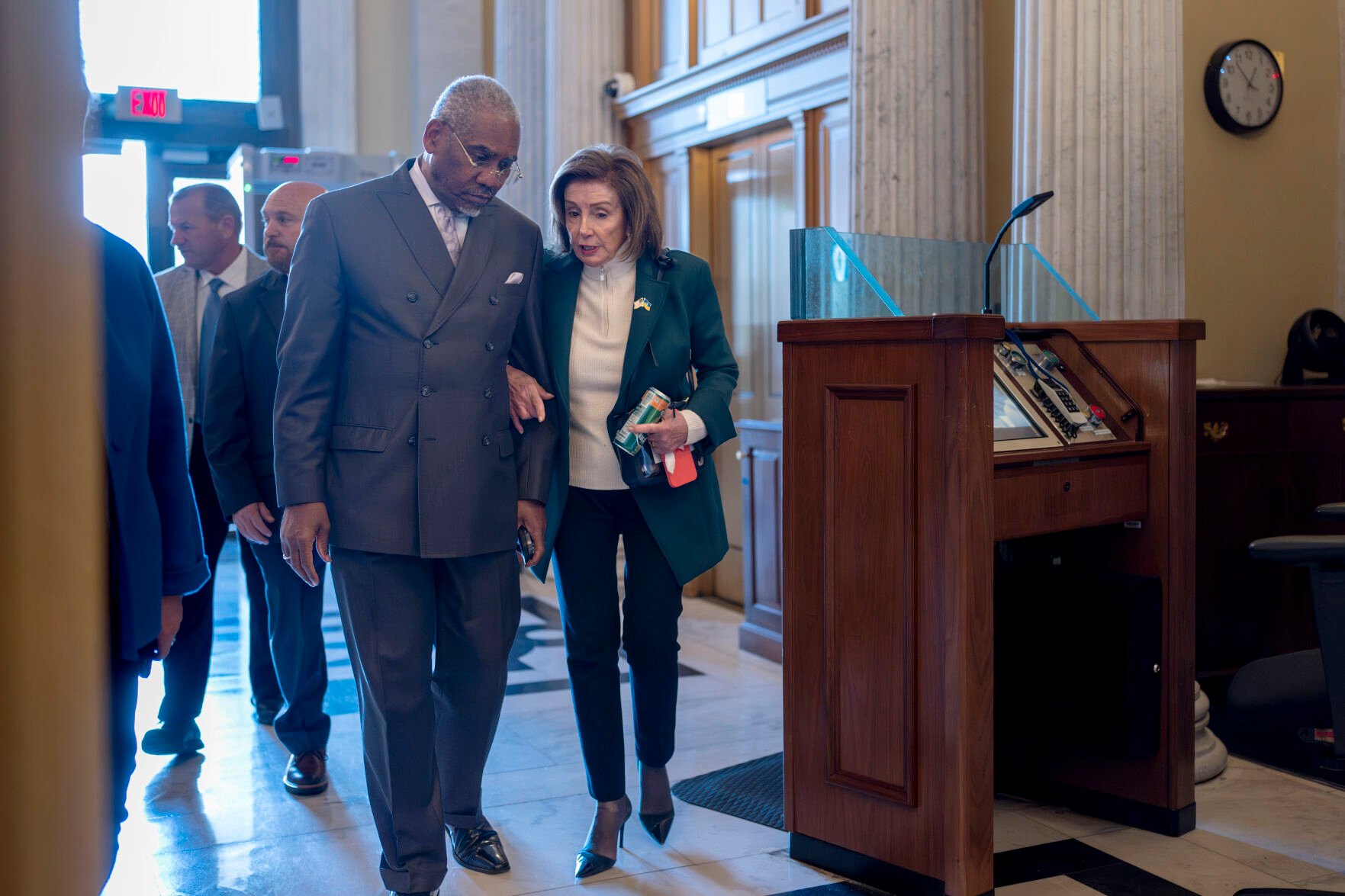 <p>Rep. Gregory Meeks, D-N.Y., the ranking member of the House Foreign Affairs Committee, left, walks with Rep. Nancy Pelosi, D-Calif., the speaker emerita, as lawmakers arrive to vote Saturday on  billion in foreign aid for U.S. allies.</p>