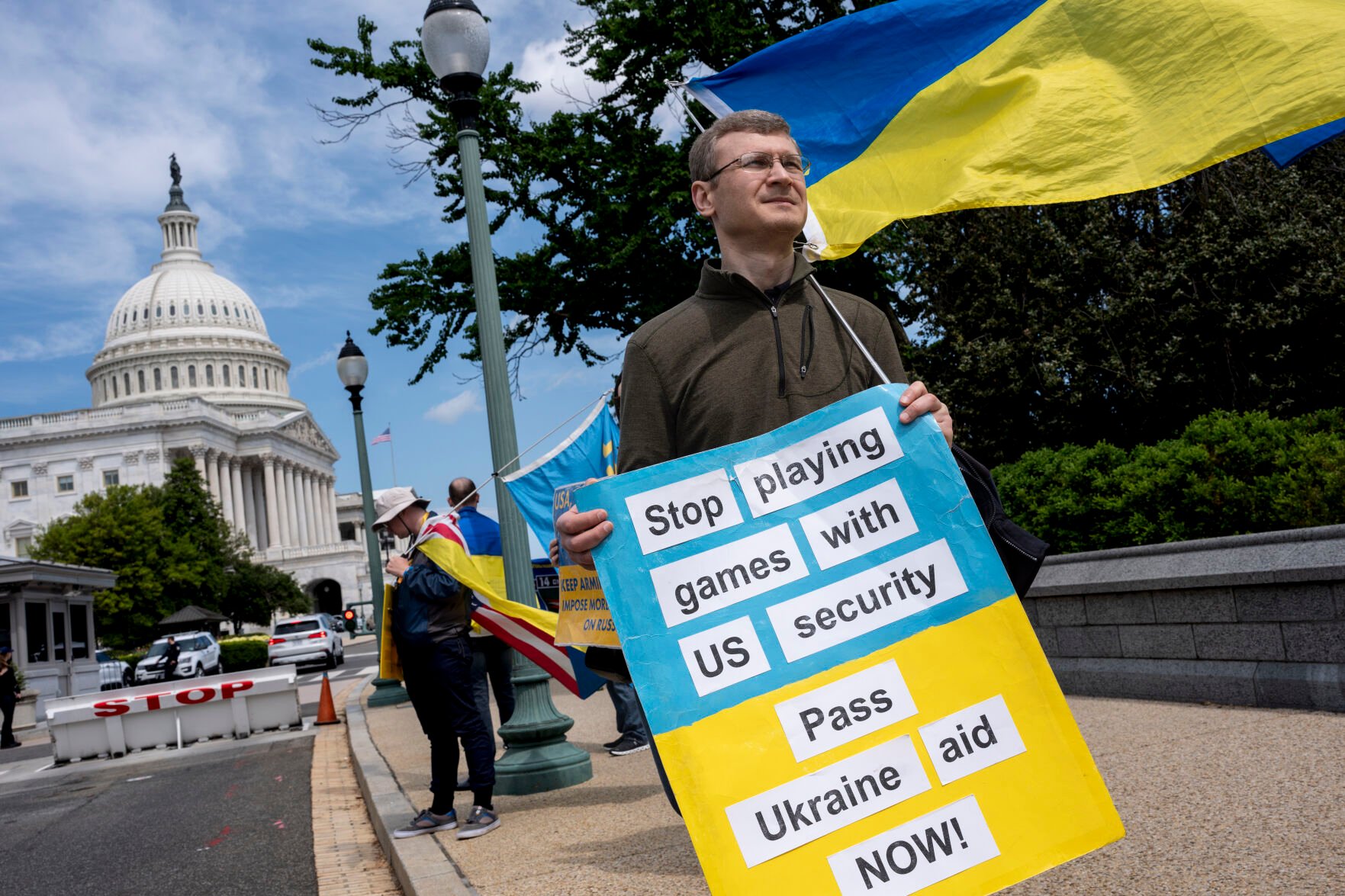 <p>Activists supporting Ukraine demonstrate outside the Capitol in Washington, Saturday, April 20, 2024, as the House prepares to vote on approval of  billion in foreign aid for Ukraine, Israel and other U.S. allies. (AP Photo/J. Scott Applewhite)</p>