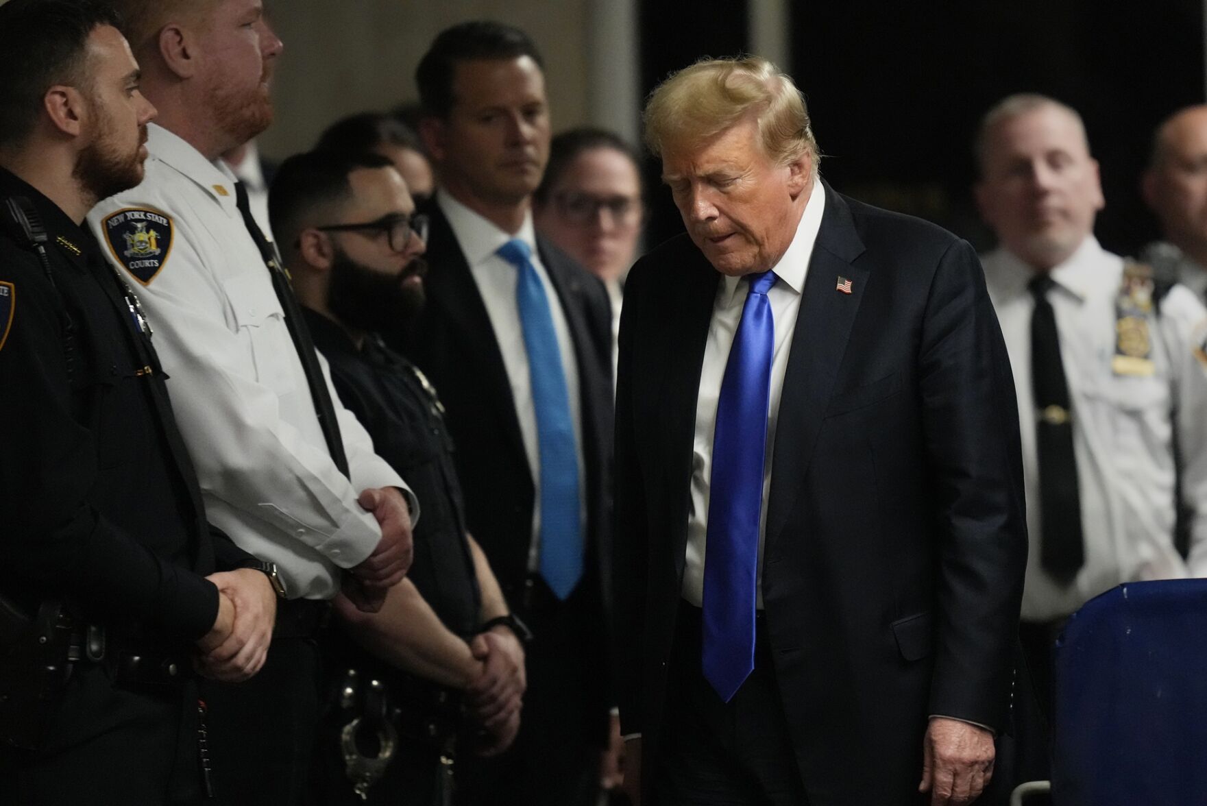 <p>Former President Donald Trump prepares to speak Thursday after being found guilty on 34 felony counts of falsifying business records in the first degree at Manhattan Criminal Court in New York.  </p>
