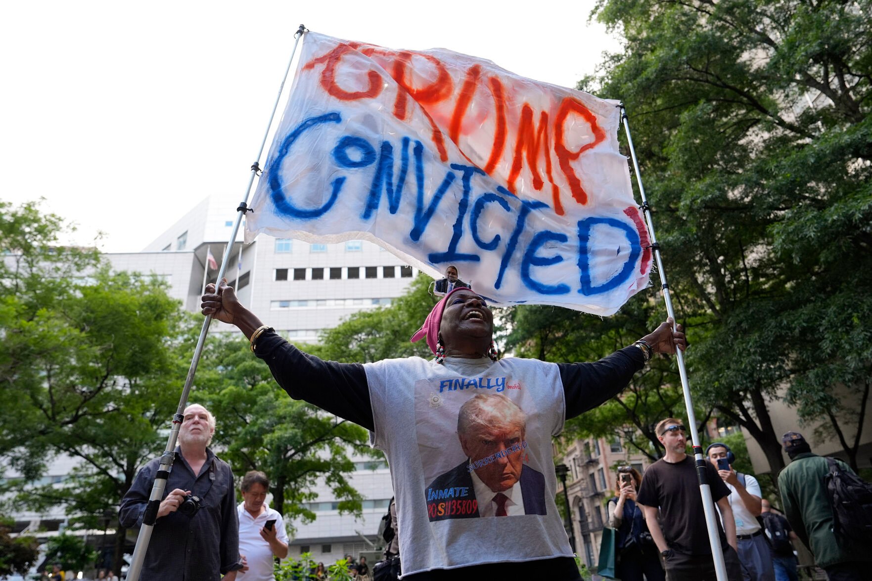 <p>A demonstrator reacts to the guilty verdict announced against former President Donald Trump outside Manhattan Criminal Court on Thursday in New York.  </p>