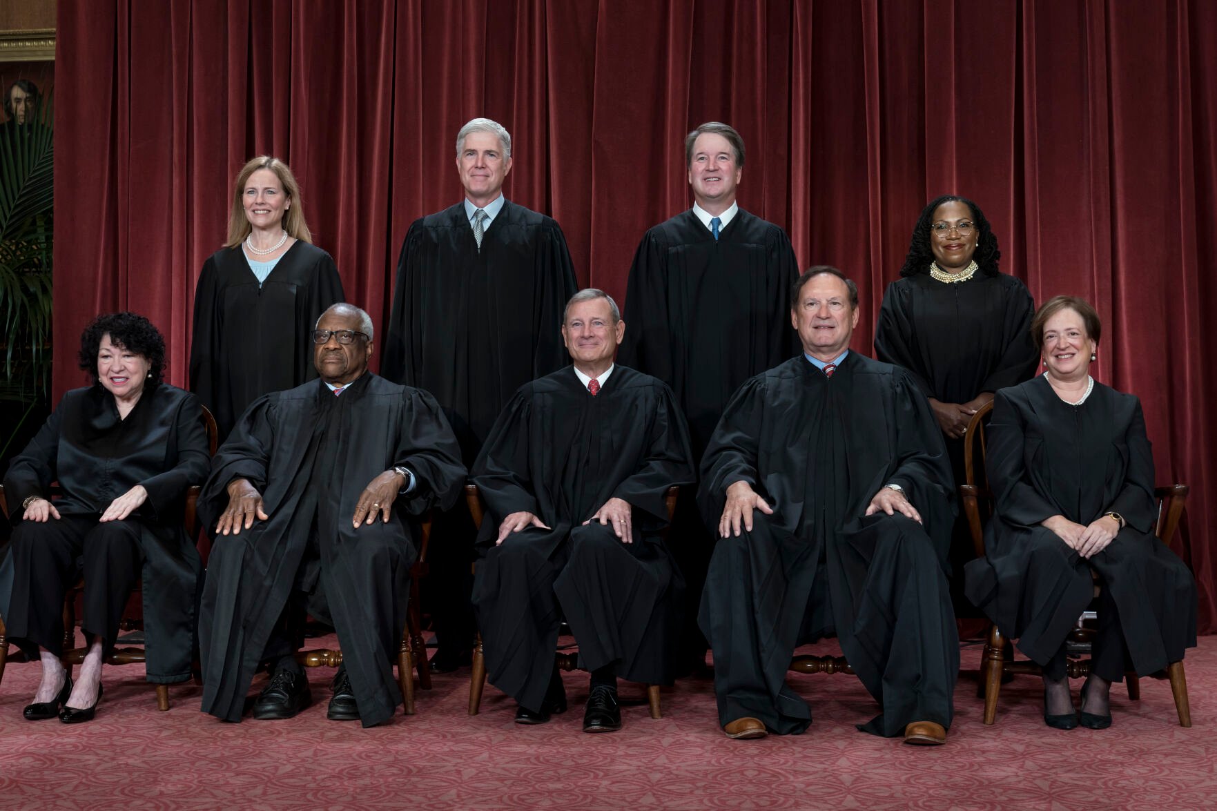 <p>Members of the Supreme Court sit for a group portrait at the Supreme Court building in Washington, Oct. 7, 2022. Bottom row, from left, Justice Sonia Sotomayor, Justice Clarence Thomas, Chief Justice of the United States John Roberts, Justice Samuel Alito, and Justice Elena Kagan. Top row, from left, Justice Amy Coney Barrett, Justice Neil Gorsuch, Justice Brett Kavanaugh, and Justice Ketanji Brown Jackson. </p>