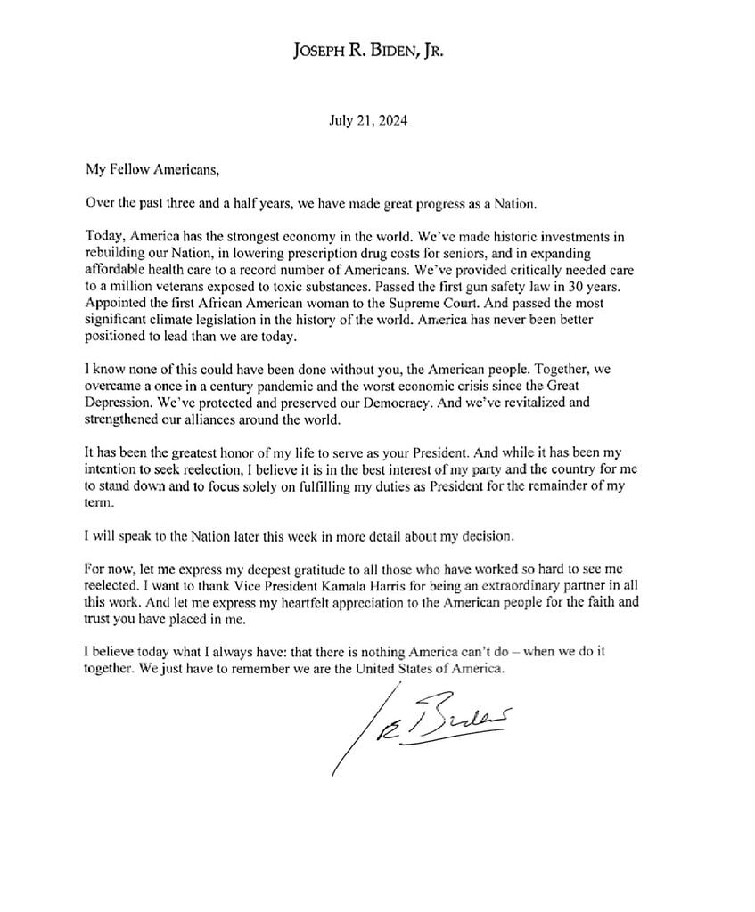 <p>This screenshot taken from President Joe Biden's X account shows the letter that Biden wrote to announce that he was dropping out of the 2024 race for the White House on Sunday, July 21, 2024, and would no longer seek reelection.</p>