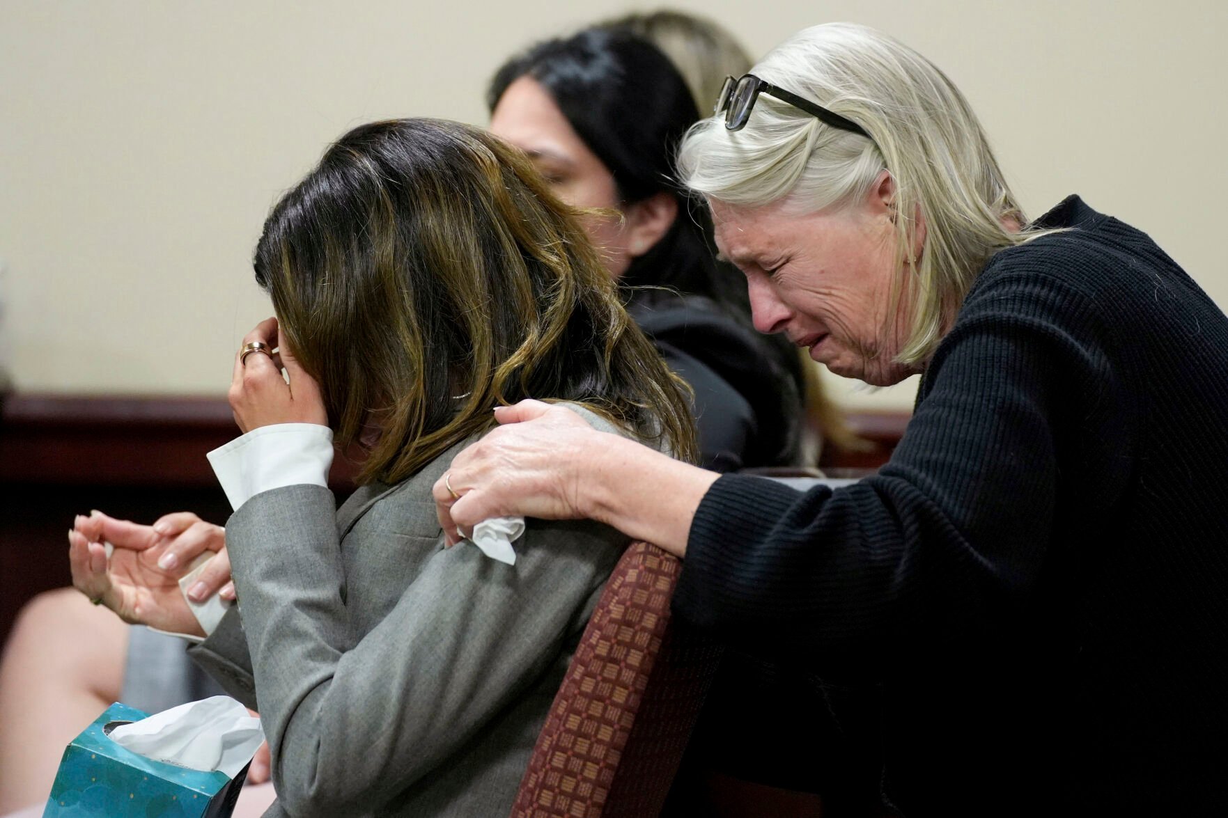 <p>Hilaria Baldwin, left, wife of actor Alec Baldwin, and his sister Elizabeth Keuchler react during Alec Baldwin's trial for involuntary manslaughter for the 2021 fatal shooting of cinematographer Halyna Hutchins during filming of the Western movie "Rust," Friday, July 12, 2024, at Santa Fe County District Court in Santa Fe, N.M.  </p>