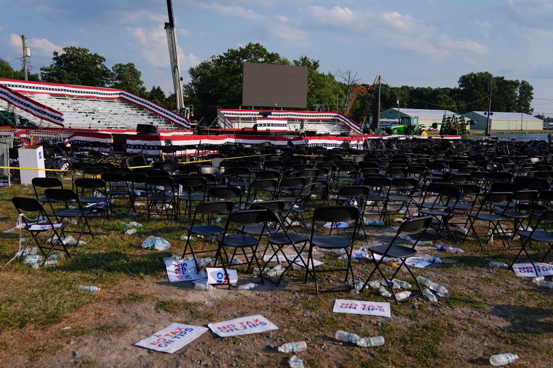 <p>A campaign rally site for Republican presidential candidate former President Donald Trump is empty and littered with debris Saturday in Butler, Pa.</p>