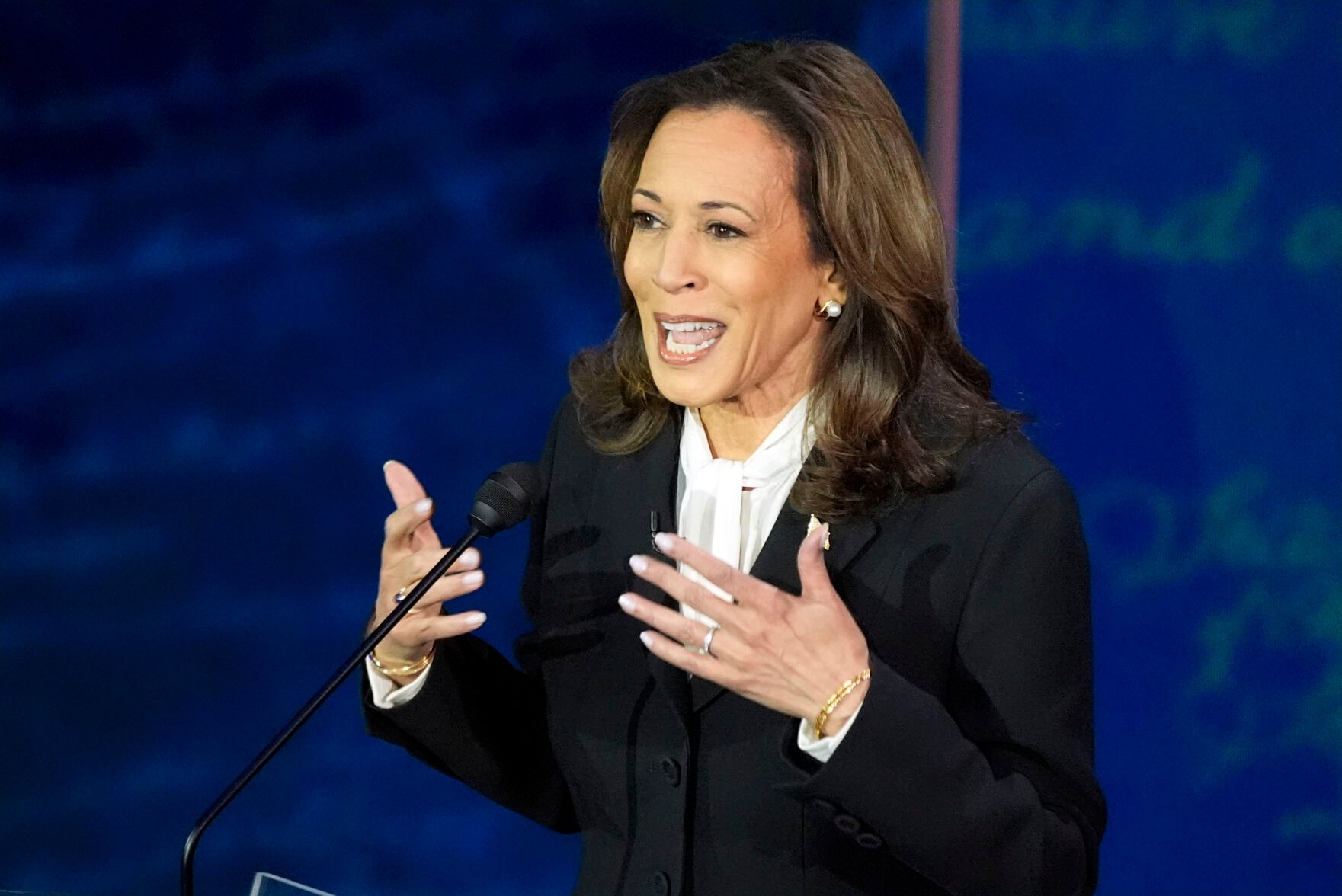 <p>Democratic presidential nominee Vice President Kamala Harris speaks Tuesday during a presidential debate with Republican presidential nominee former President Donald Trump at the National Constitution Center in Philadelphia.</p>