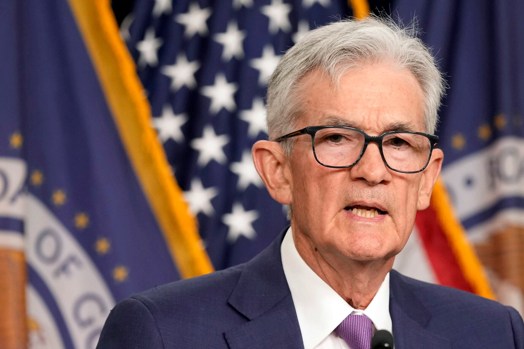 <p>Federal Reserve Chair Jerome Powell speaks during a May 1 news conference at the Federal Reserve in Washington.</p>
