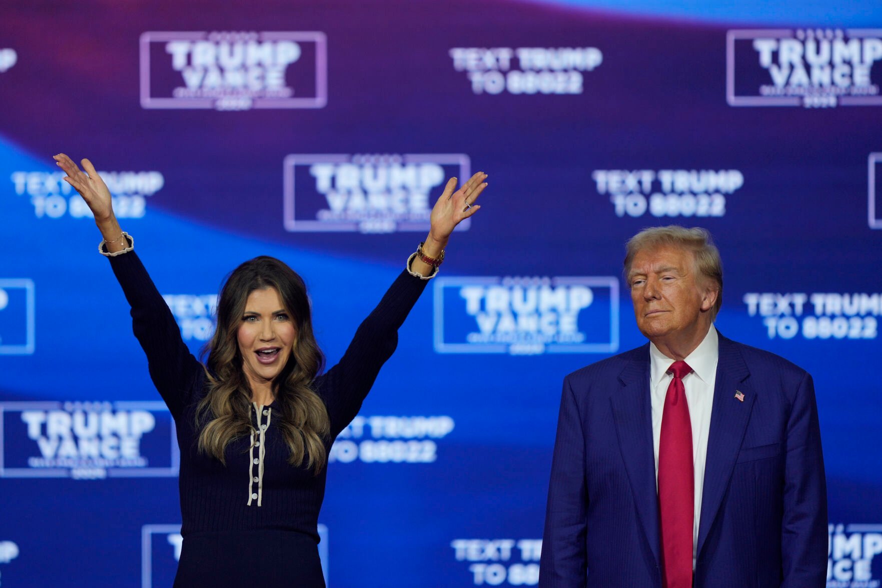 <p>Former President Donald Trump and South Dakota Gov. Kristi Noem dance Oct. 14 to the song "Y.M.C.A." at a campaign town hall at the Greater Philadelphia Expo Center & Fairgrounds in Oaks, Pa.</p>