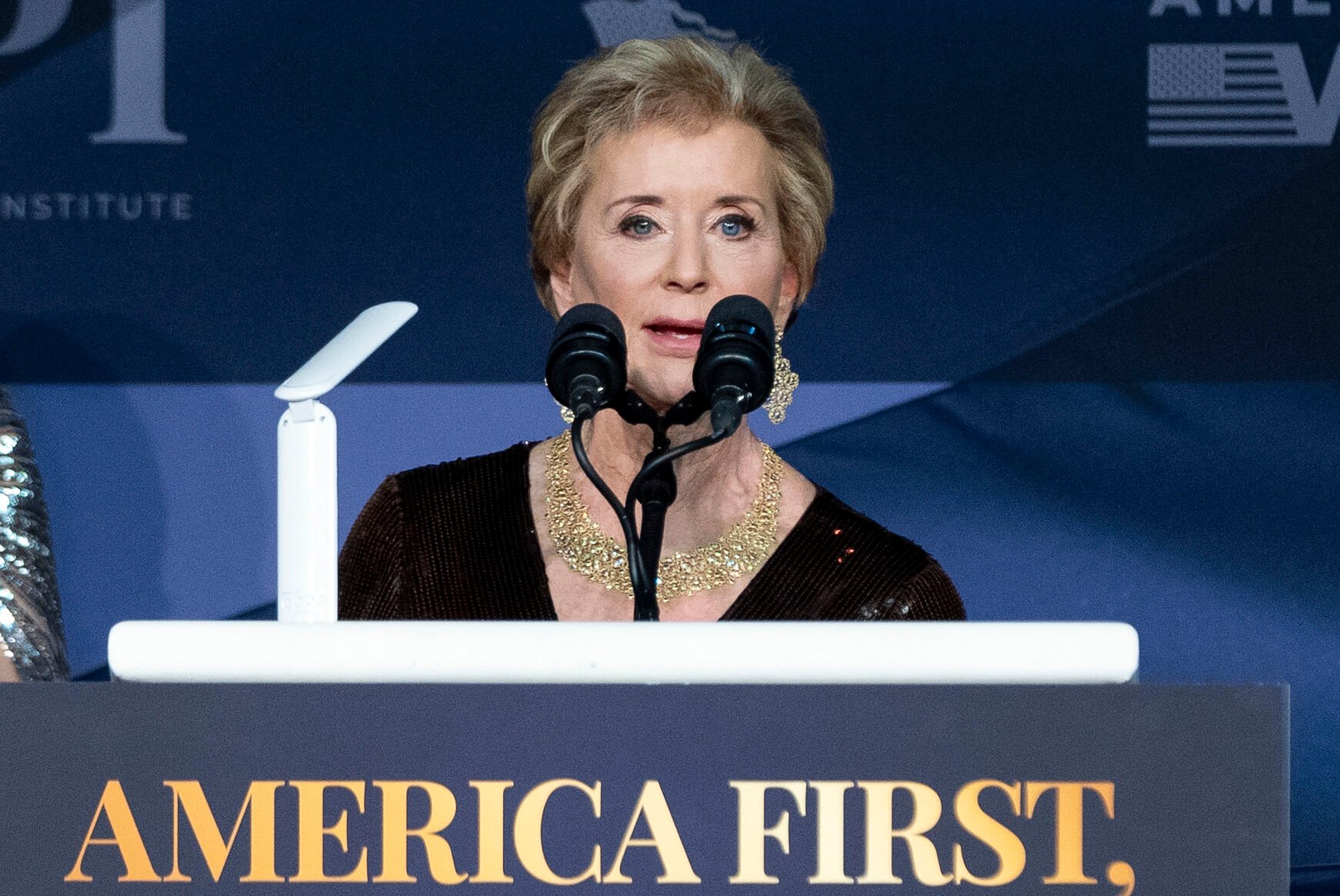<p>Linda McMahon speaks Nov. 14 during an America First Policy Institute gala at President-elect Donald Trump's Mar-a-Lago estate in Palm Beach, Fla.</p>