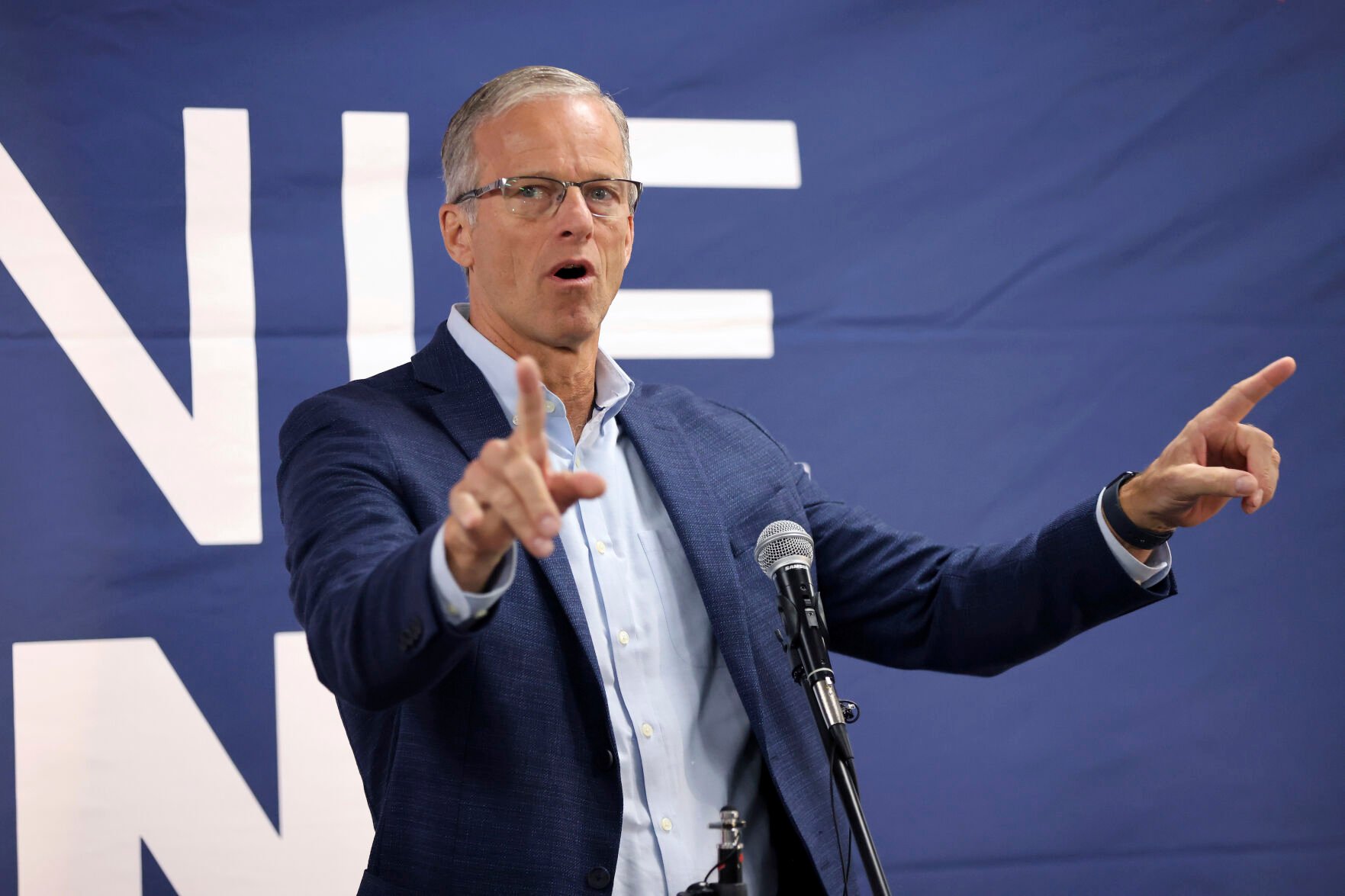 <p>Sen. John Thune of South Dakota, speaks in support of Ohio Republican candidate for the United States Senate, Bernie Moreno (not pictured) during a bus tour stop for the Ohio Senate race in Columbus, Ohio, Monday, Oct. 28, 2024. (AP Photo/Joe Maiorana)</p>