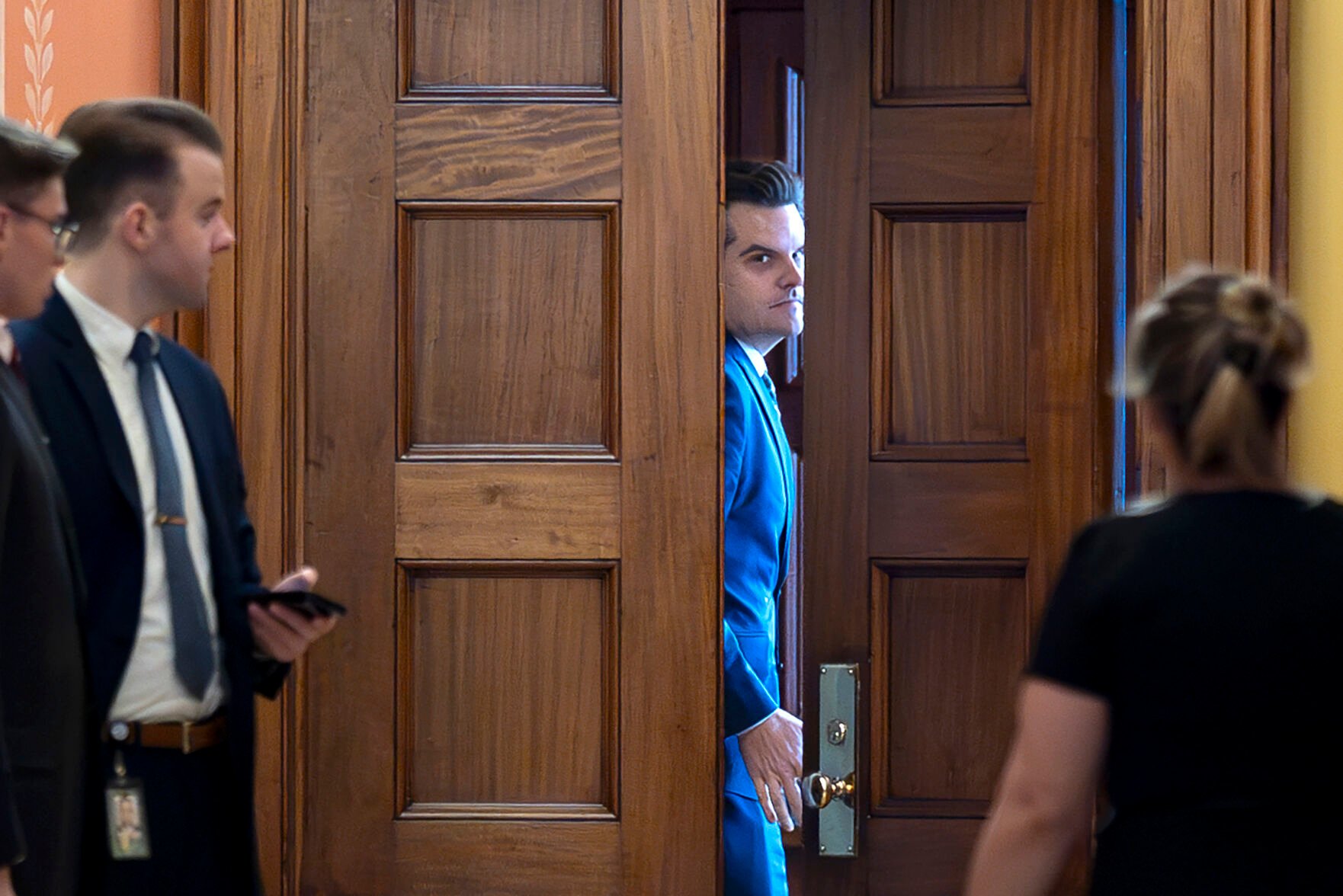 <p>President-elect Donald Trump's nominee to be attorney general, former Rep. Matt Gaetz, R-Fla., closes a door to a private meeting with Vice President-elect JD Vance and Republican Senate Judiciary Committee members, at the Capitol in Washington, Wednesday, Nov. 20, 2024. (AP Photo/J. Scott Applewhite)</p>