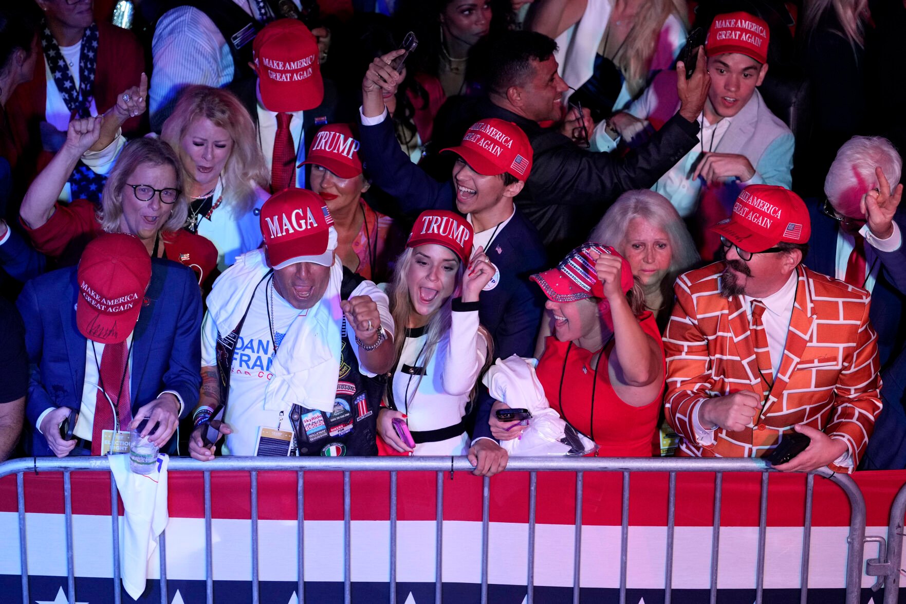 <p>Supporters cheer Tuesday as results come in during an election night watch party for Republican presidential nominee former President Donald Trump in West Palm Beach, Fla.</p>