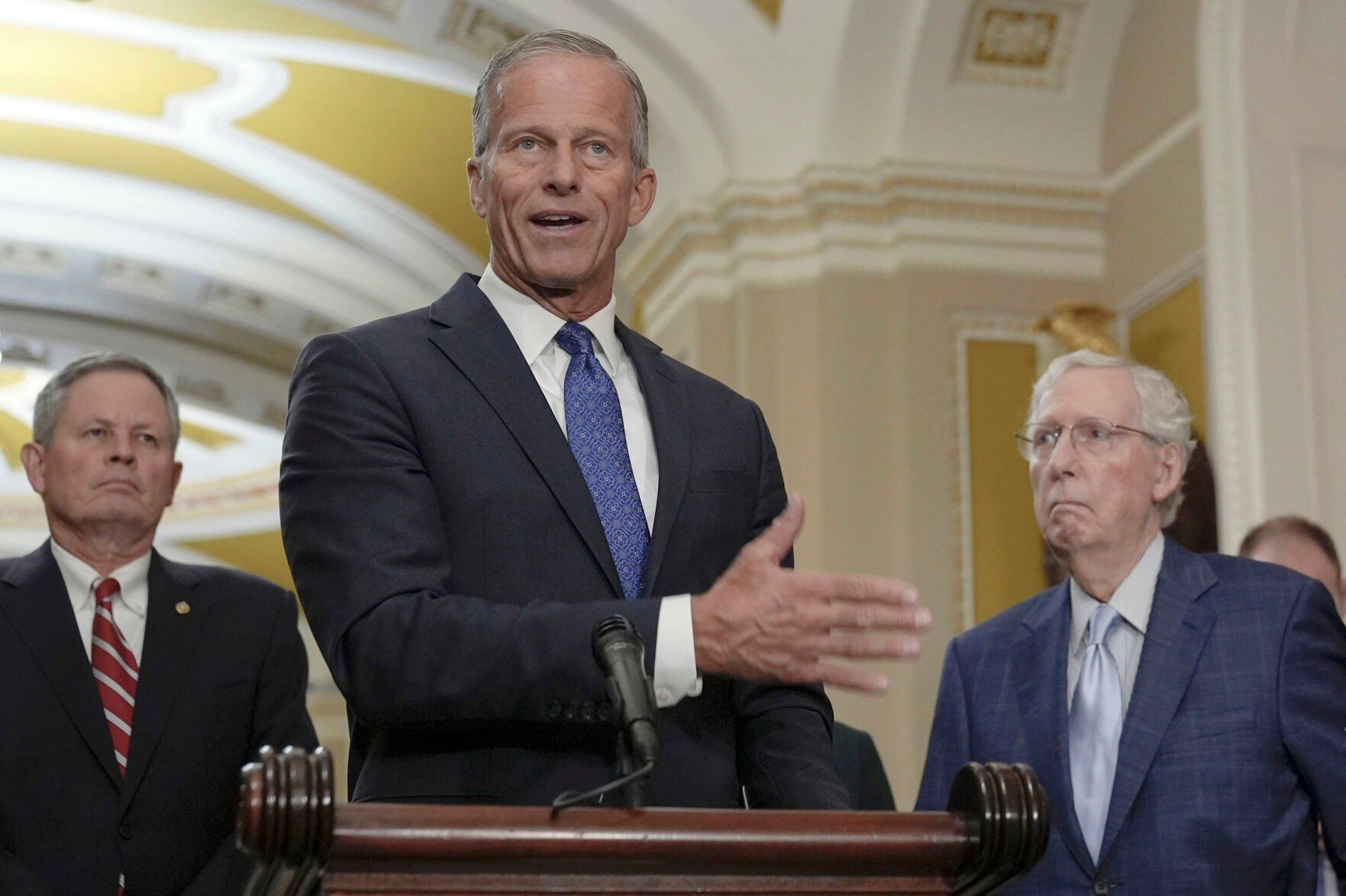 <p>Sen. John Thune, R-S.D., center, talk as Sen. Minority Leader Mitch McConnell, R-Ky., right, Sen. Steve Daines, R-Mont., left, after a policy luncheon on Capitol Hill Tuesday, Sept. 24, 2024, in Washington. (AP Photo/Mariam Zuhaib)</p>