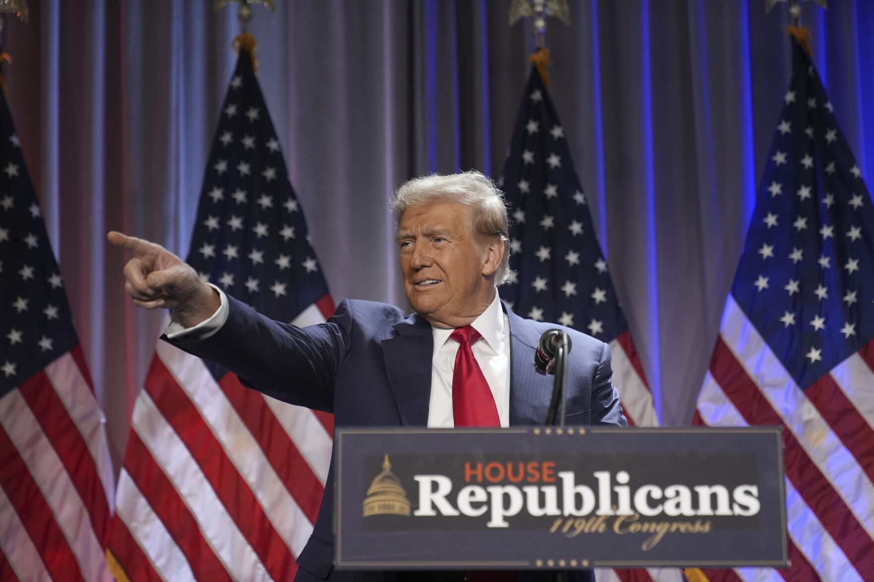 <p>President-elect Donald Trump speaks Wednesday as he arrives for a meeting with the House GOP conference in Washington.</p>