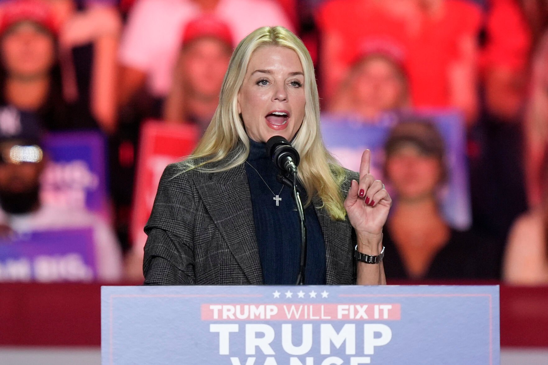 <p>Former Florida Attorney General Pam Bondi speaks Nov. 2 before then-Republican presidential nominee former President Donald Trump arrives at a campaign rally at First Horizon Coliseum in Greensboro, N.C.</p>