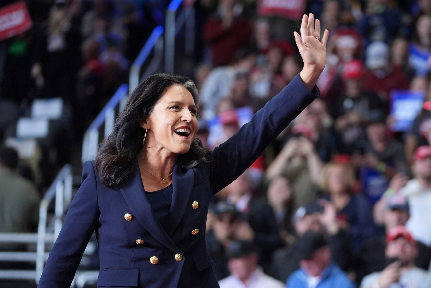 <p>Tulsi Gabbard arrives Nov. 4 before Republican presidential nominee former President Donald Trump speaks at a campaign rally at PPG Paints Arena in Pittsburgh, Pa.</p>