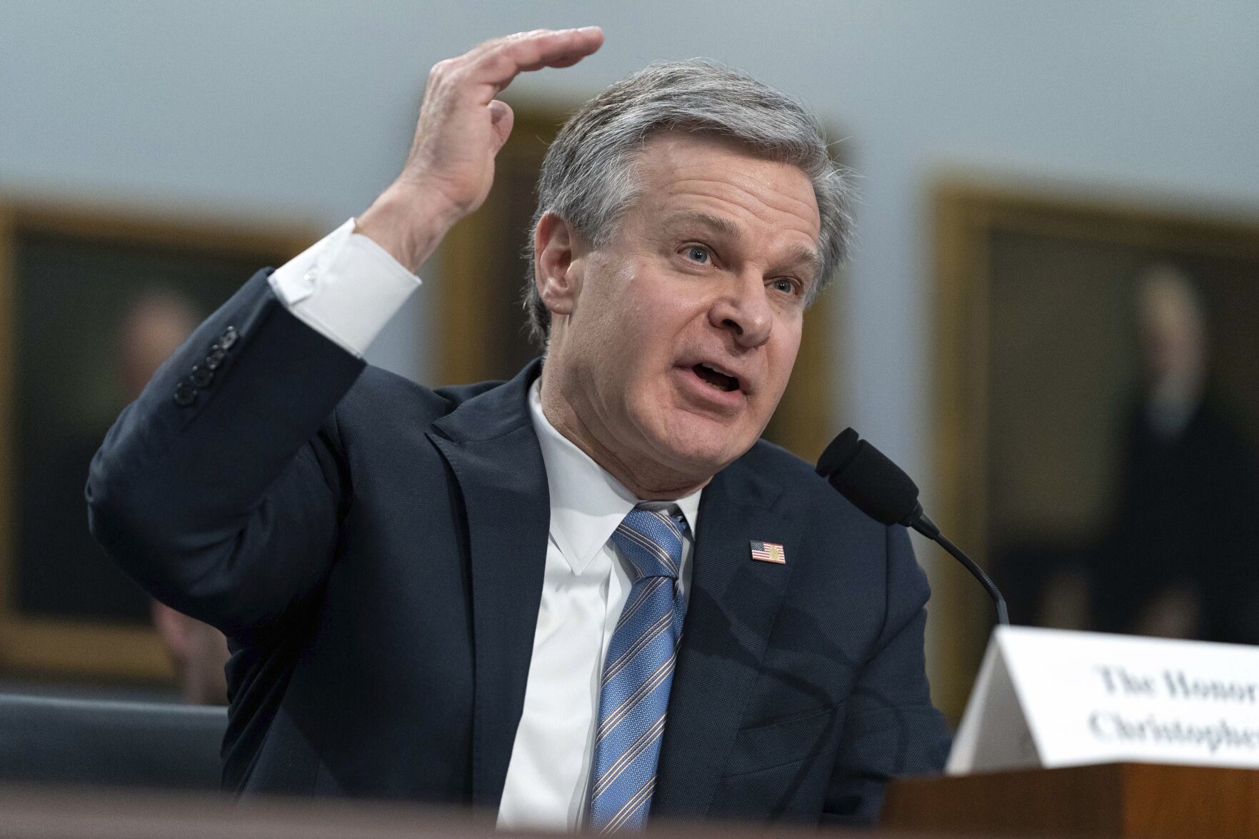 <p>FILE - FBI Director Christopher Wray testifies on Capitol Hill in Washington, April 27, 2023. (AP Photo/Jose Luis Magana, File)</p>