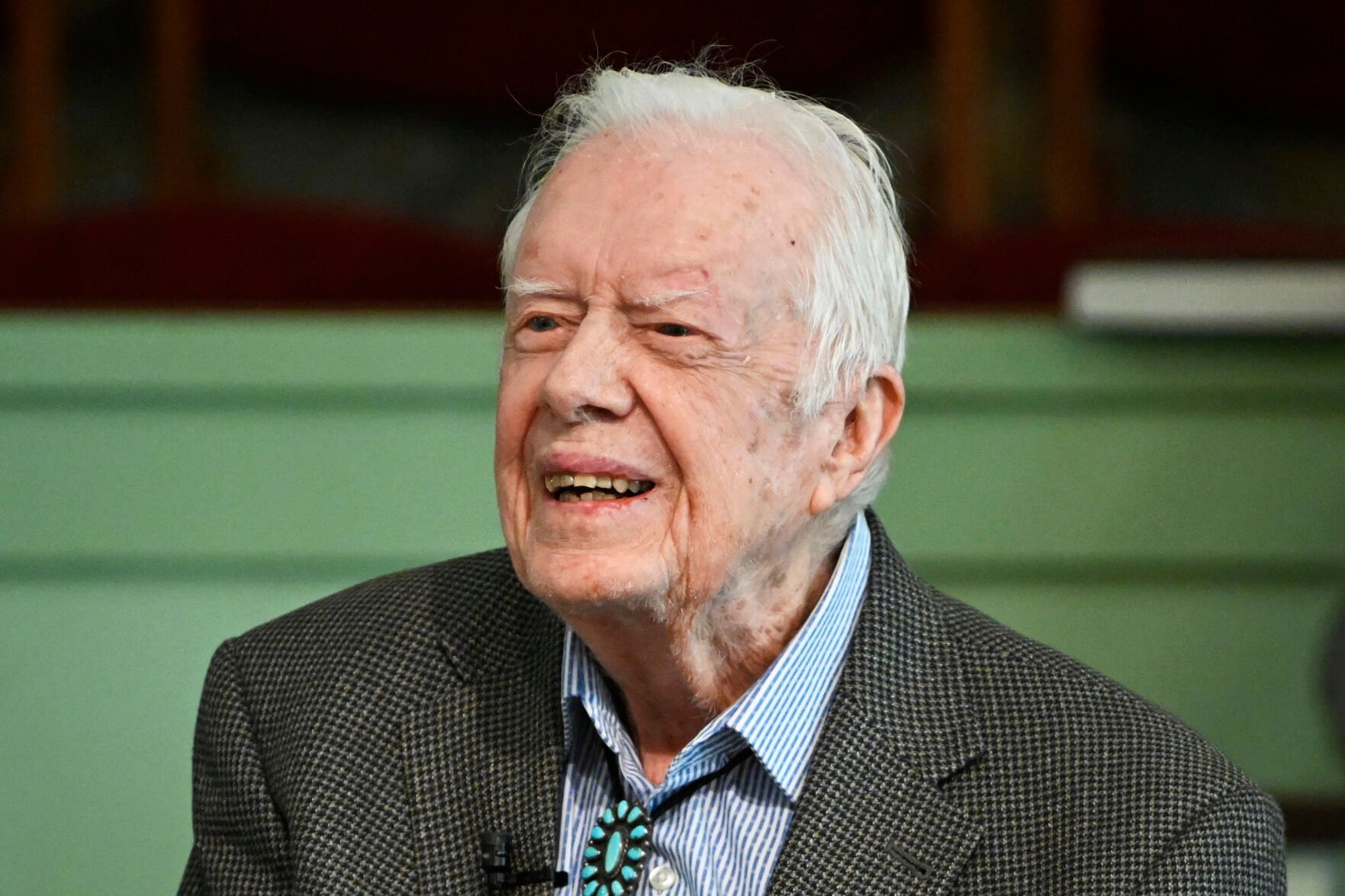 <p>In this Nov. 3, 2019, file photo, former President Jimmy Carter teaches Sunday school at Maranatha Baptist Church in Plains, Ga.</p>