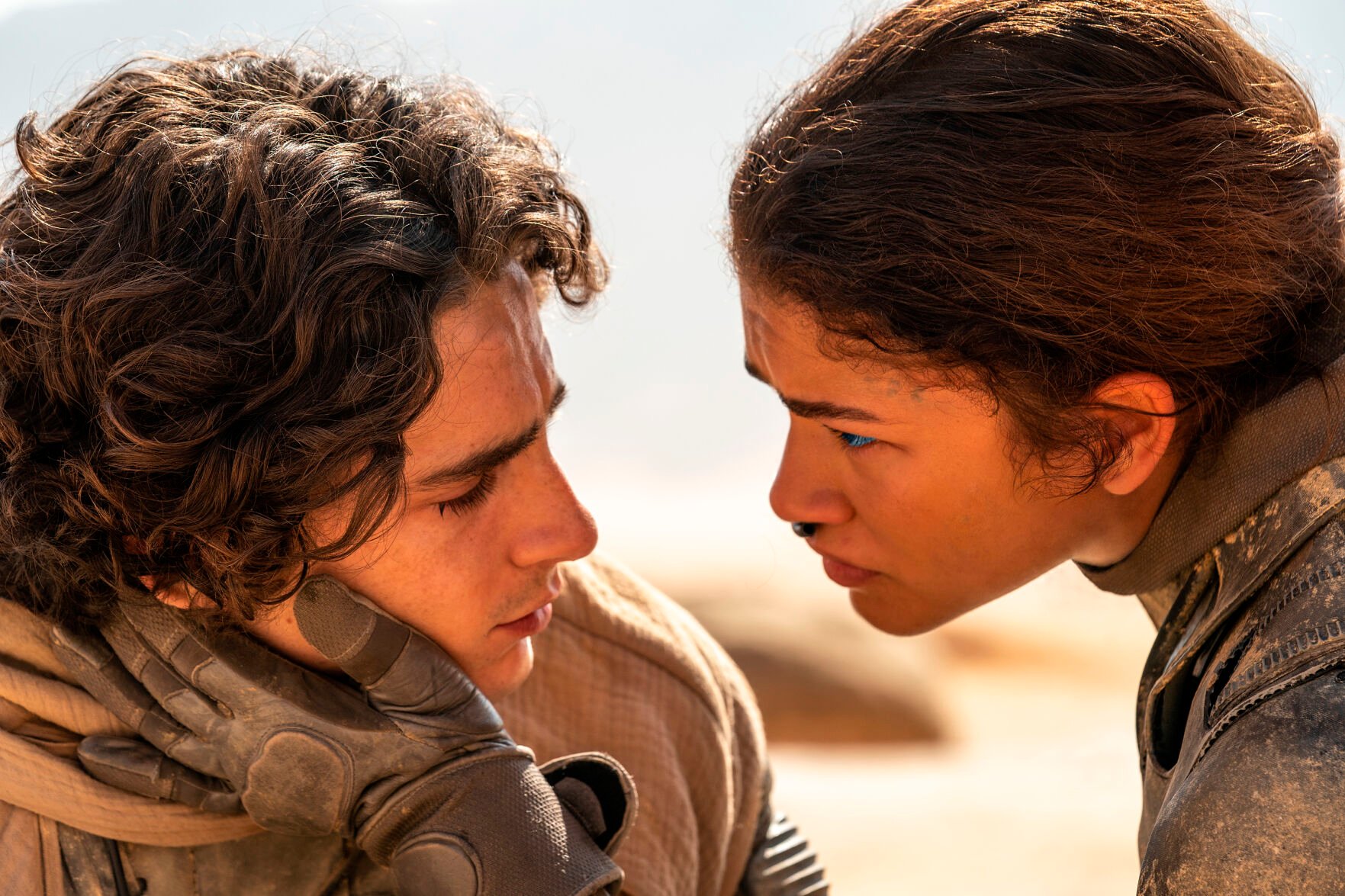 <p>This image released by Warner Bros. Pictures shows Timothee Chalamet, left, and Zendaya in a scene from "Dune: Part Two." (Niko Tavernise/Warner Bros. Pictures via AP)</p>
