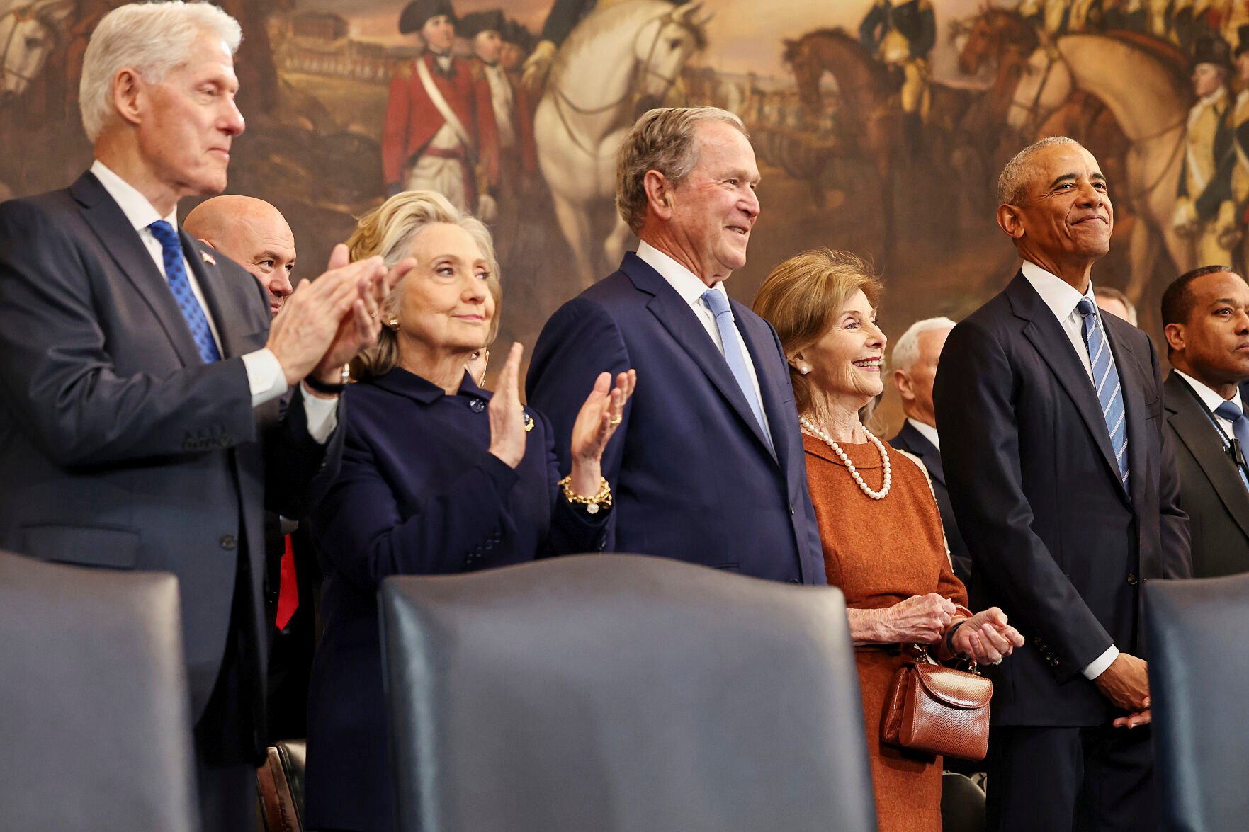 <p>From left, former President Bill Clinton, former Secretary of State Hillary Clinton, former President George W. Bush, former first lady Laura Bush and former President Barack Obama, arrive before the 60th Presidential Inauguration in the Rotunda of the U.S. Capitol in Washington, Monday, Jan. 20, 2025. (Chip Somodevilla/Pool Photo via AP)</p>