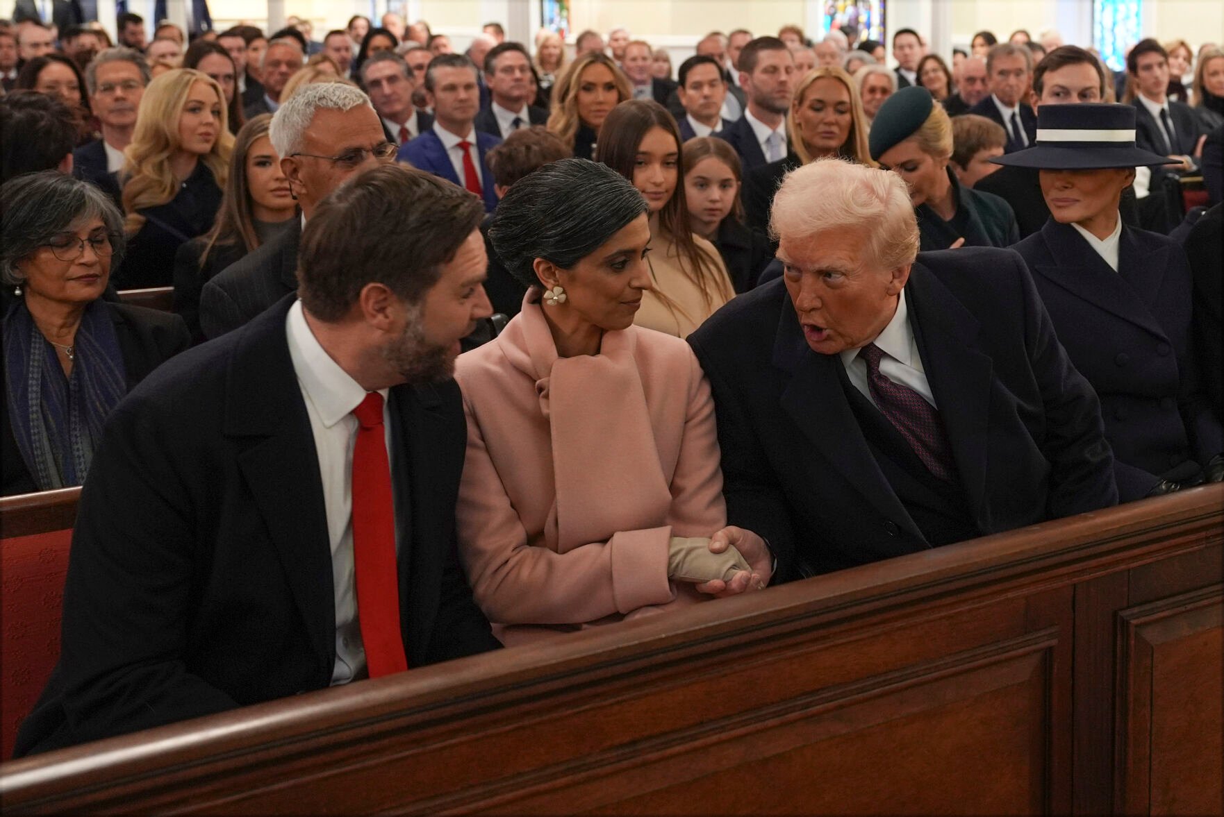 <p>President-elect Donald Trump talks with Vice President-elect JD Vance and Usha Vance before a service at St. John's Church, Monday, Jan. 20, 2025, in Washington, ahead of the 60th Presidential Inauguration. (AP Photo/Evan Vucci)</p>
