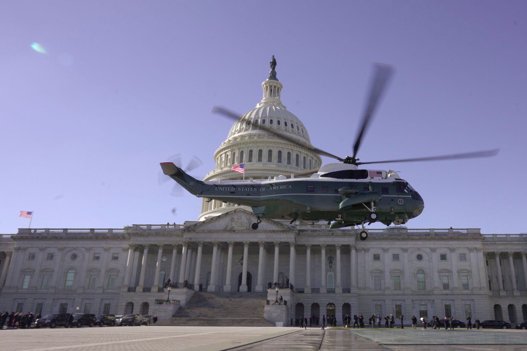 <p>Former President Joe Biden and Jill Biden, aboard a Marine helicopter, lift off from the U.S. Capitol en route to Joint Base Andrews, after attending the 60th Presidential Inauguration in the Rotunda of the U.S. Capitol in Washington, Monday, Jan. 20, 2025. (AP Photo/Manuel Balce Ceneta)</p>