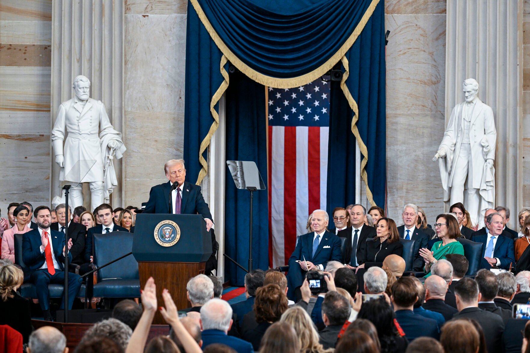 <p>President Donald Trump speaks after taking the oath of office during his inauguration Monday in the Rotunda of the U.S. Capitol in Washington.</p>